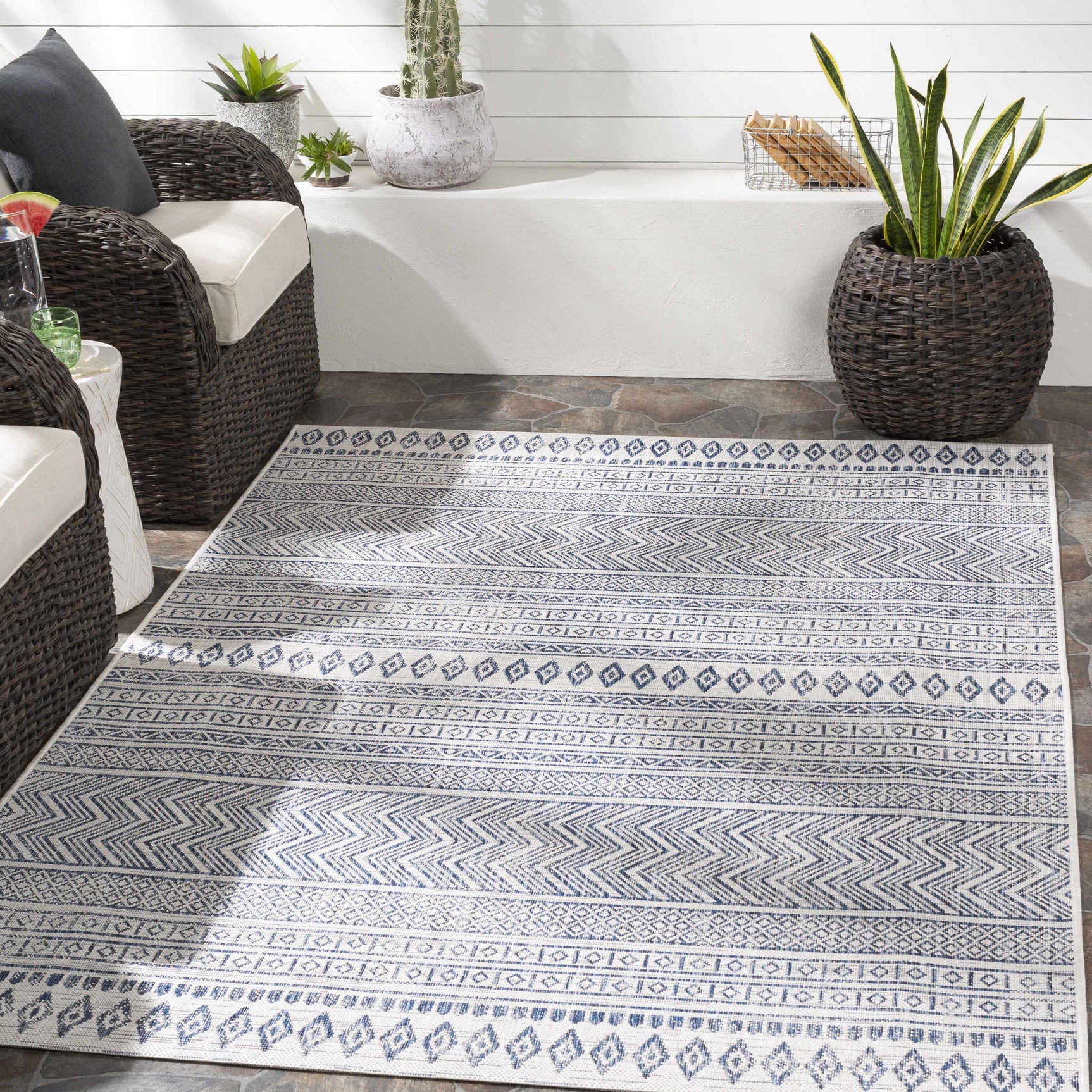 Madras Light Blue Green All Over Performance Outdoor Area Rug - Ornate Home