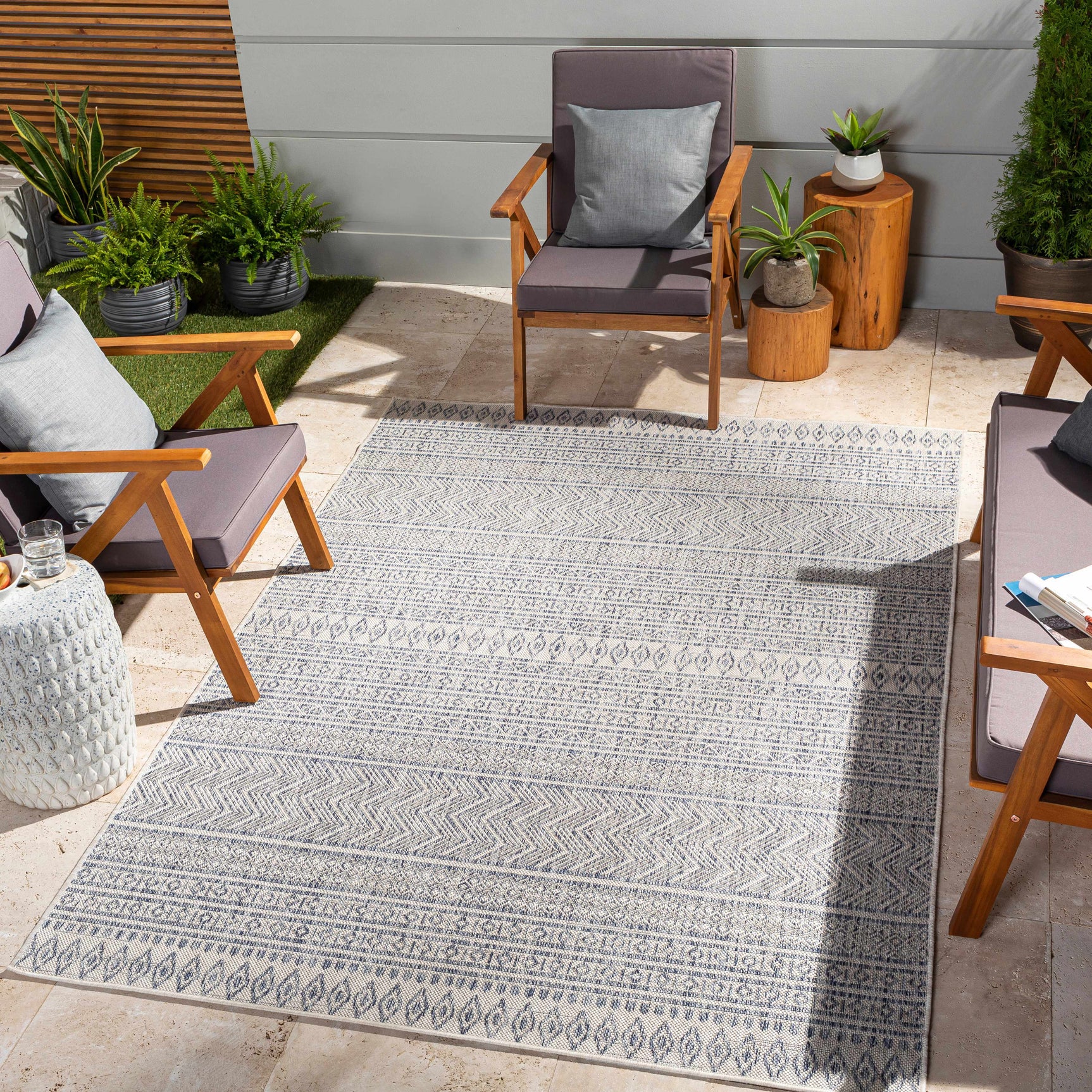 Madras Navy All Over Performance Outdoor Rug - Ornate Home