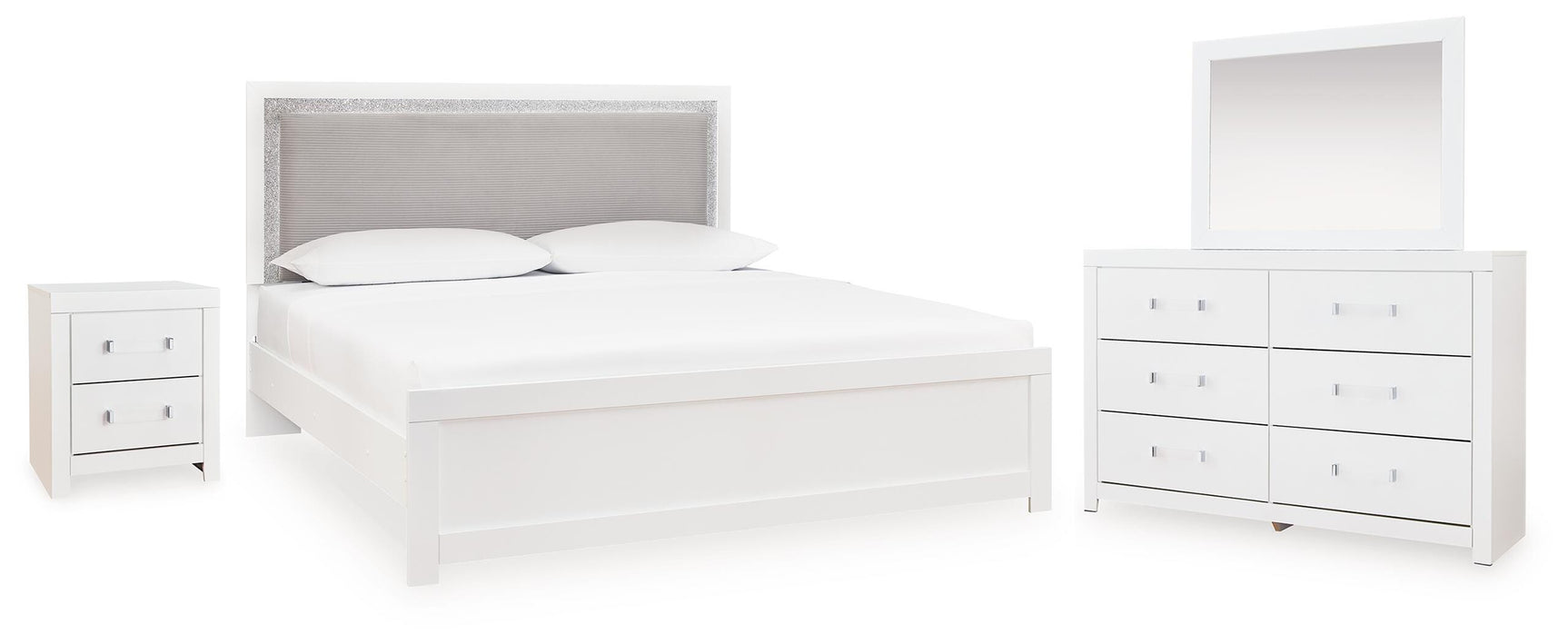 Maeling White/Gray Queen Upholstered Panel Bed, Dresser, Mirror and Nightstand - Ornate Home