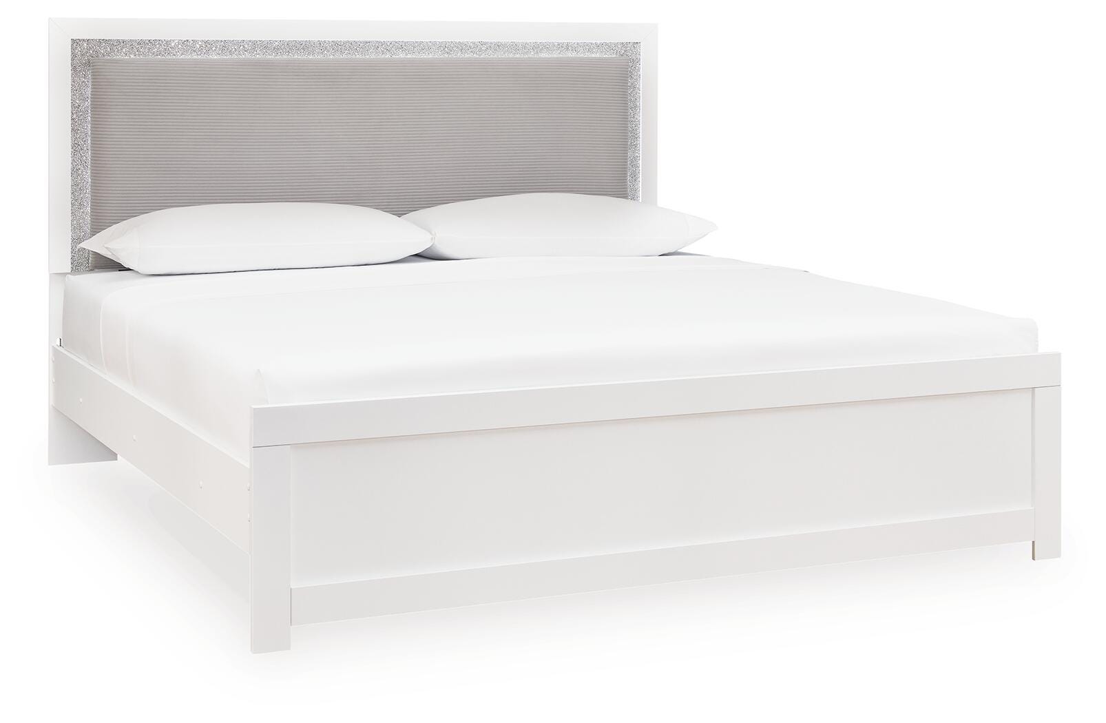 Maeling White/Gray Queen Upholstered Panel Bed, Dresser, Mirror and Nightstand - Ornate Home