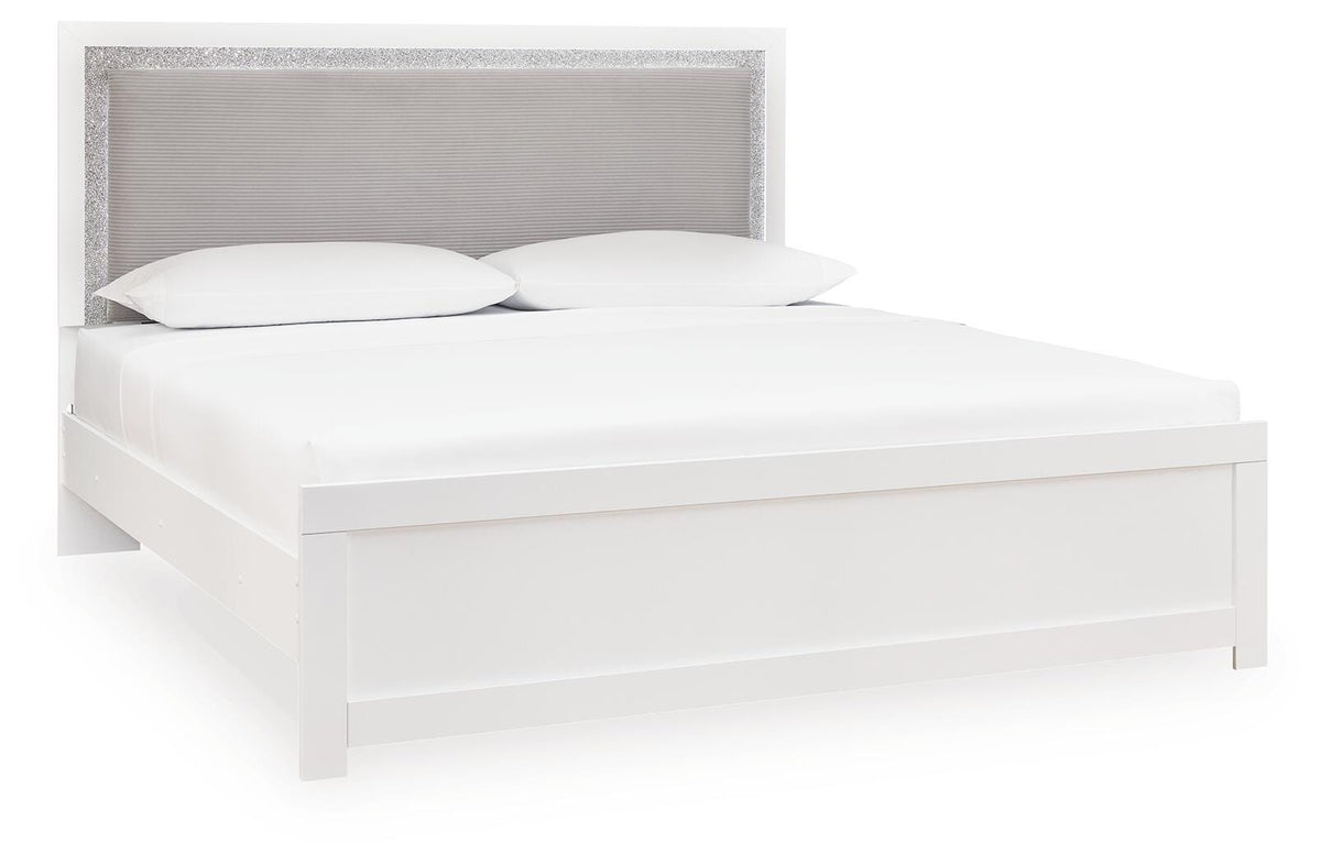Maeling White/Gray Queen Upholstered Panel Bed, Dresser, Mirror and Nightstand - Ornate Home