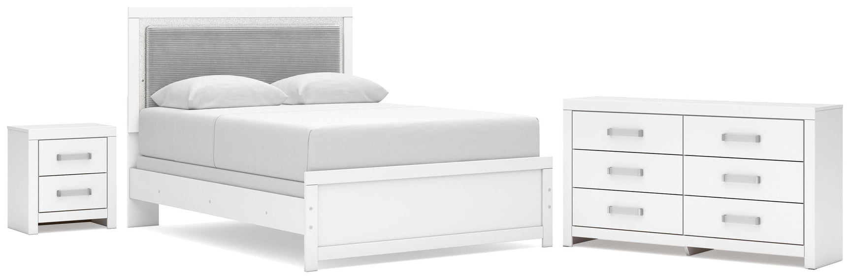 Maeling White Queen Upholstered Panel Bed, Dresser and Nightstand - Ornate Home