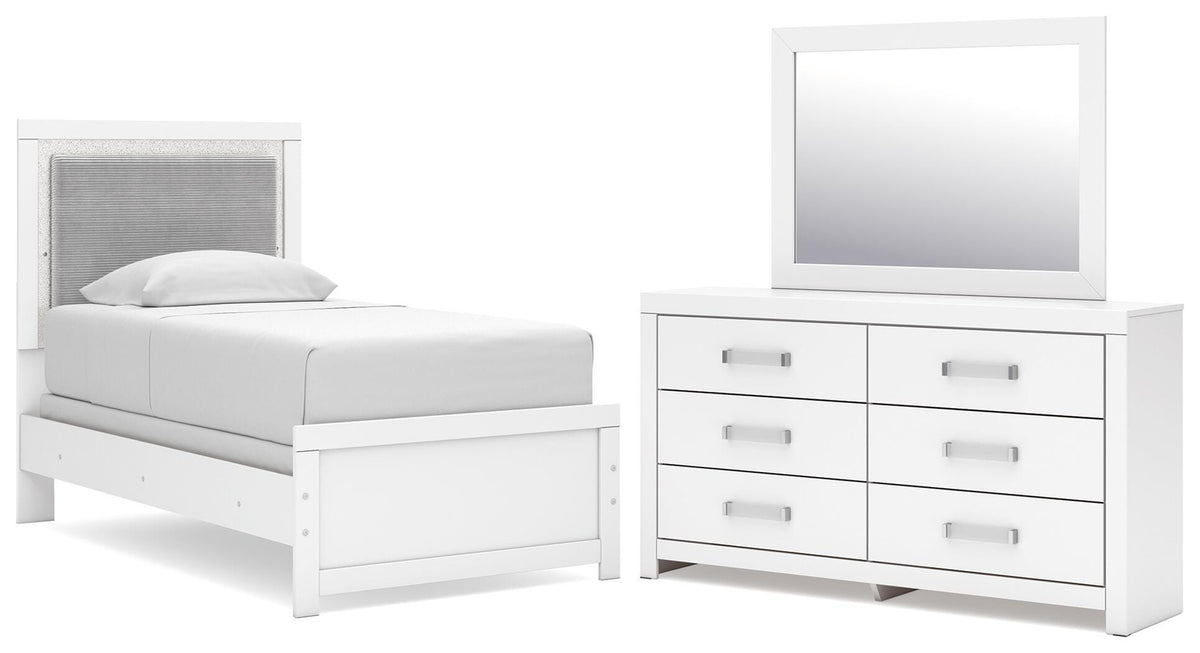 Maeling White Twin Upholstered Panel Bed, Dresser and Mirror - Ornate Home