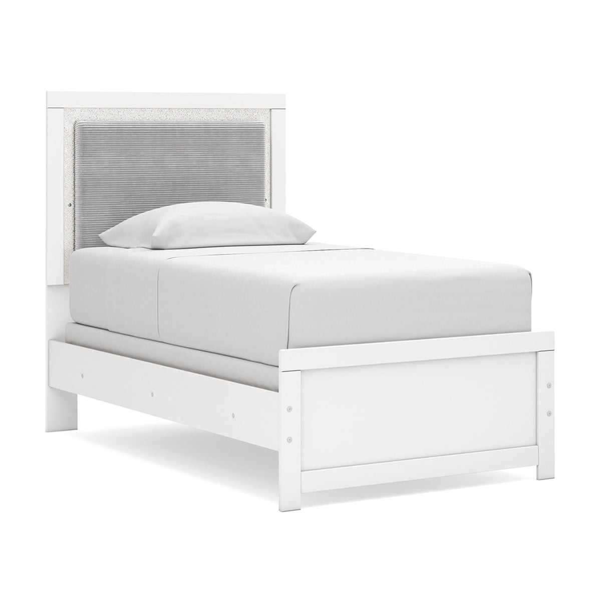 Maeling White Twin Upholstered Panel Bed, Dresser and Mirror - Ornate Home