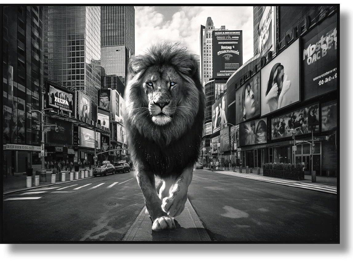 Majestic Lion in the Urban Jungle Gloss Canvas w/ Glitter in Frame Wall Art - Ornate Home