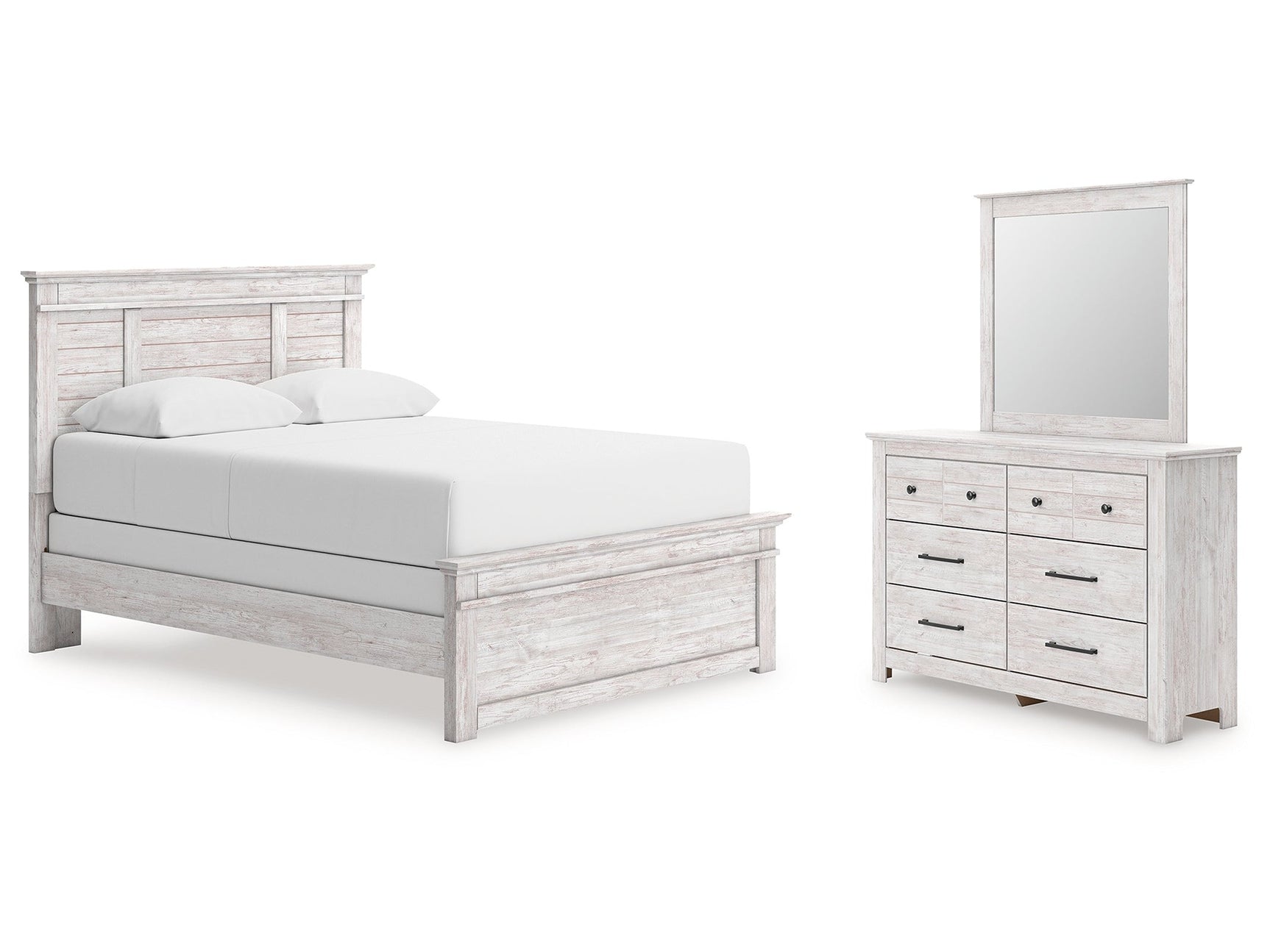 Makidern Whitewash Queen Panel Bed, Dresser and Mirror - Ornate Home