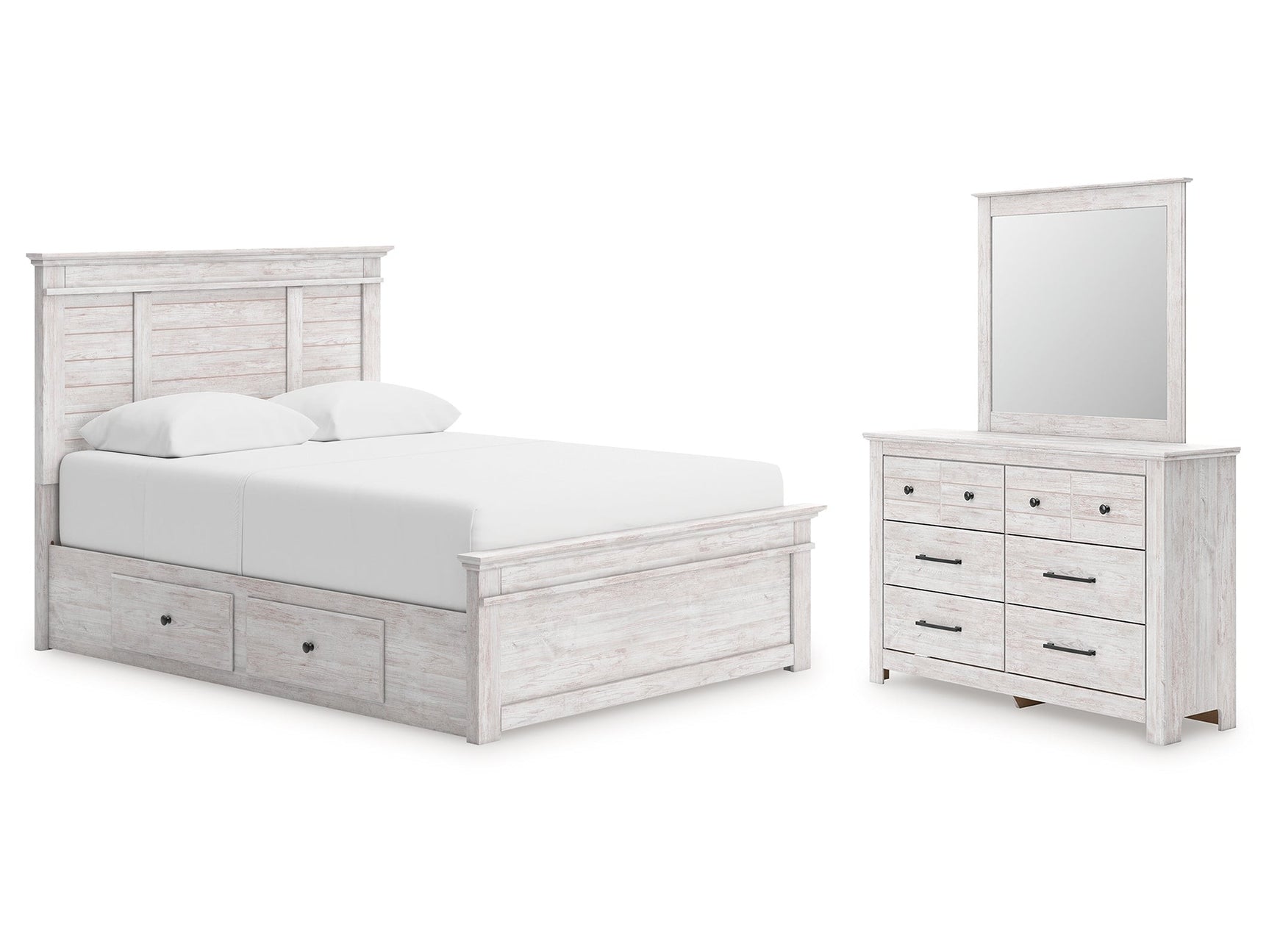 Makidern Whitewash Queen Panel Bed with Storage, Dresser and Mirror - Ornate Home