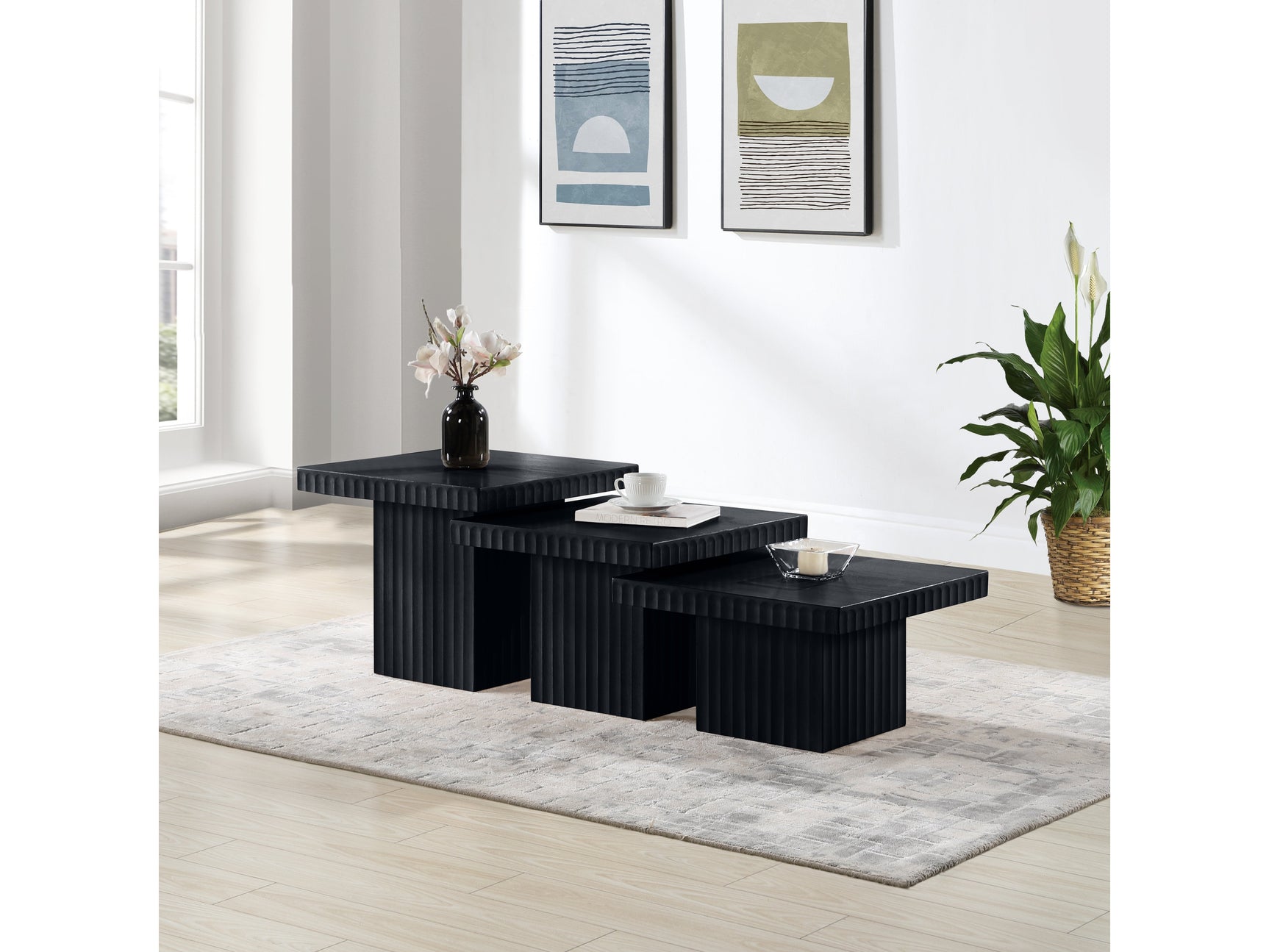 Malibu Black Wood And Oak Veneer 3-Piece Coffee Table - Ornate Home