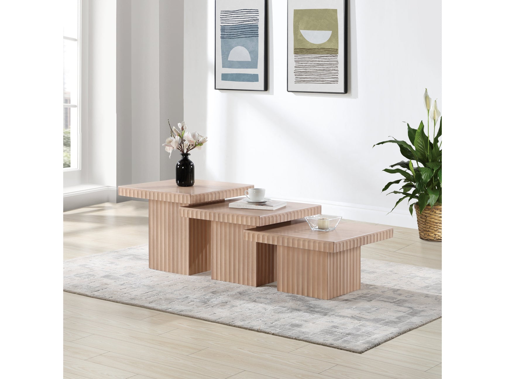 Malibu Natural Wood And Oak Veneer 3-Piece Coffee Table - Ornate Home