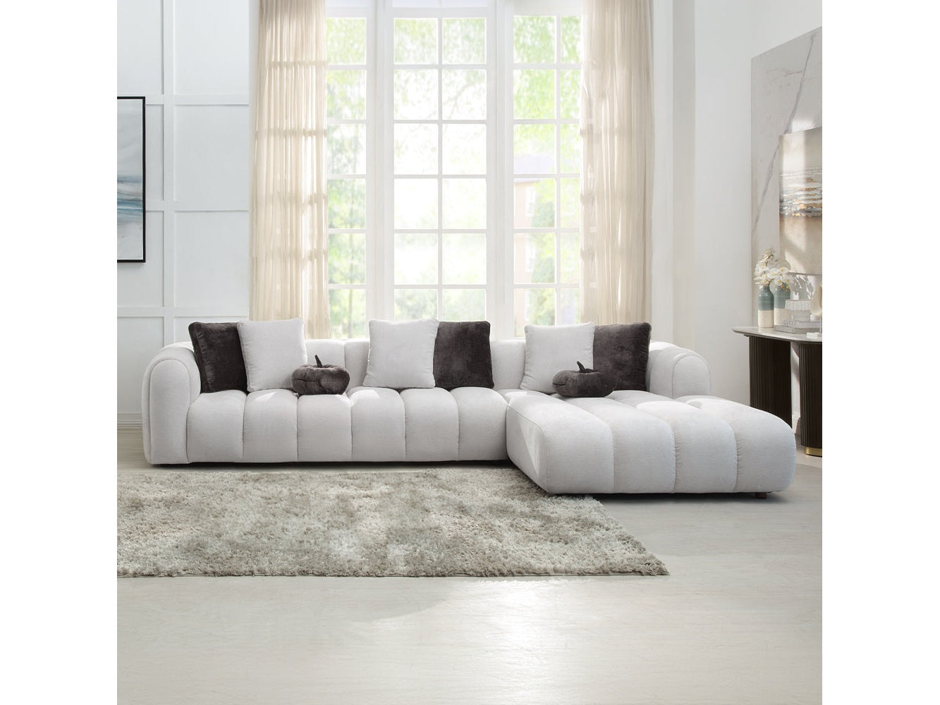 Manilla Ivory White Linen Sectional Sofa w/8 Pillows - Ornate Home
