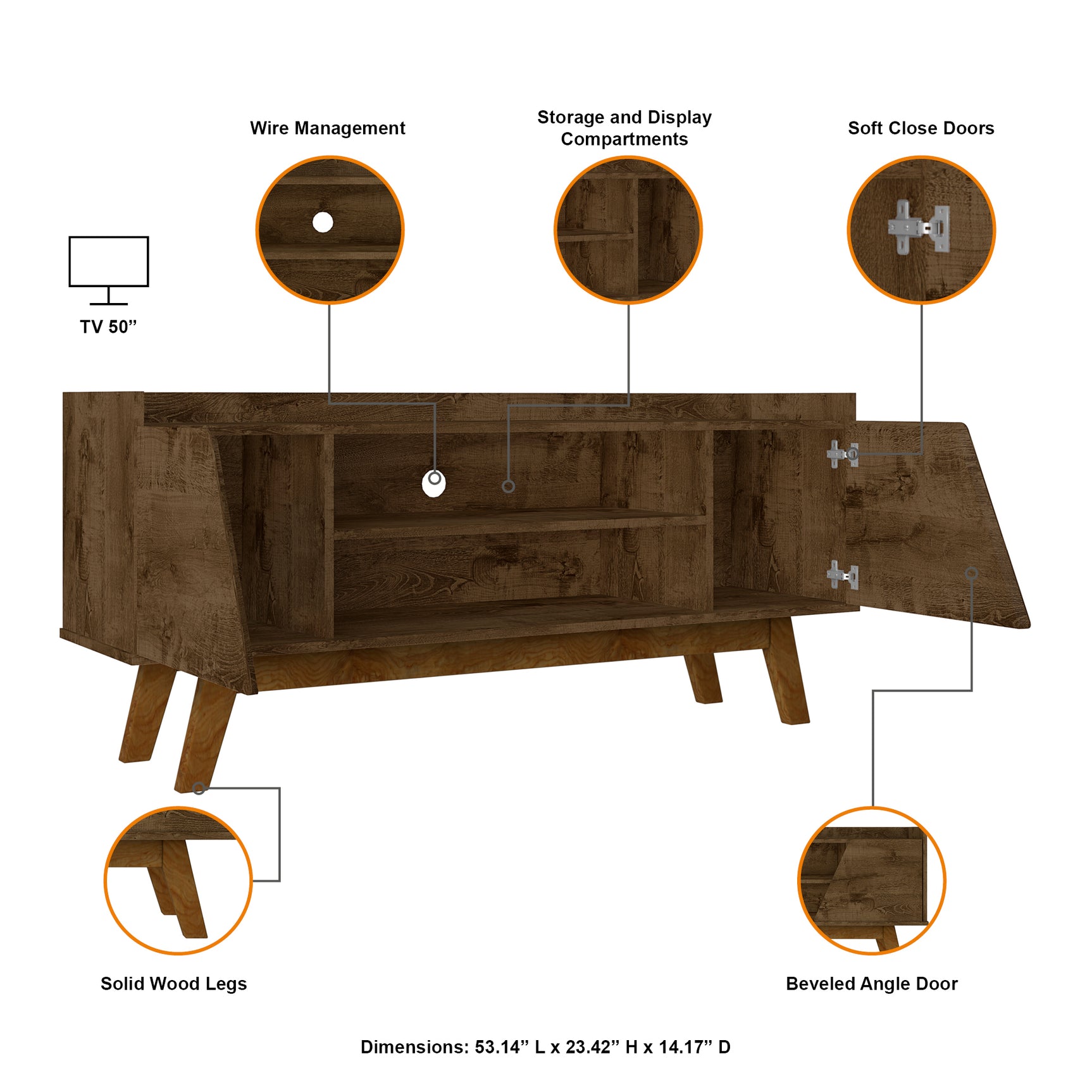 Marcus 53.14 TV Stand in Rustic Brown - Ornate Home