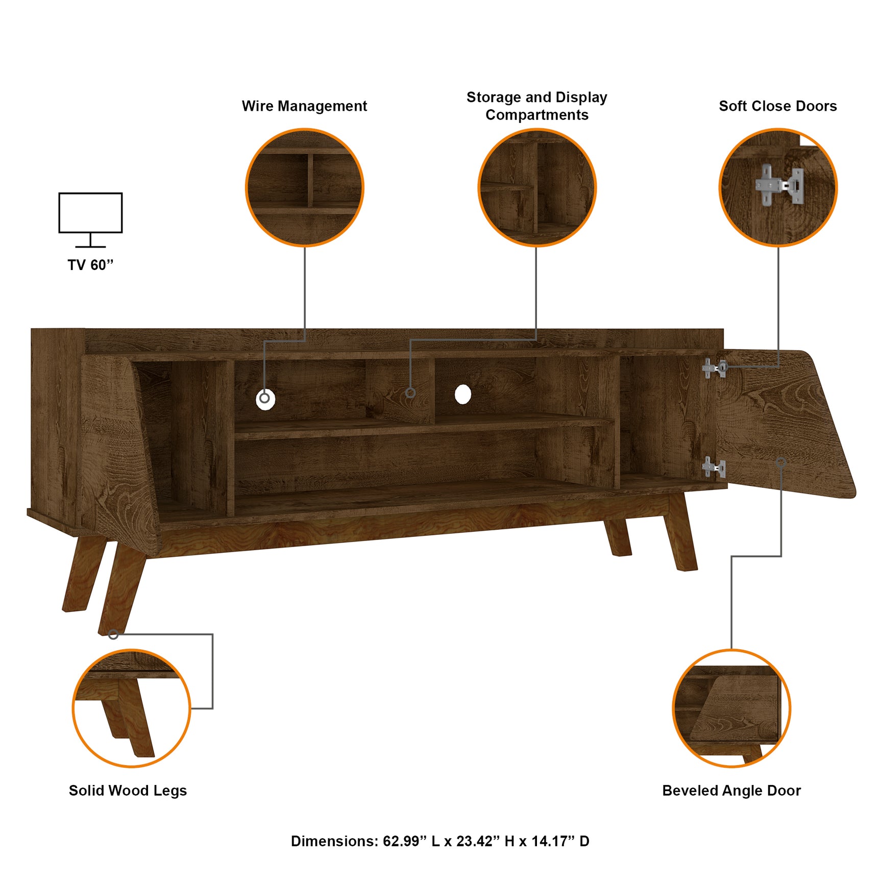Marcus 62.99 TV Stand in Rustic Brown - Ornate Home