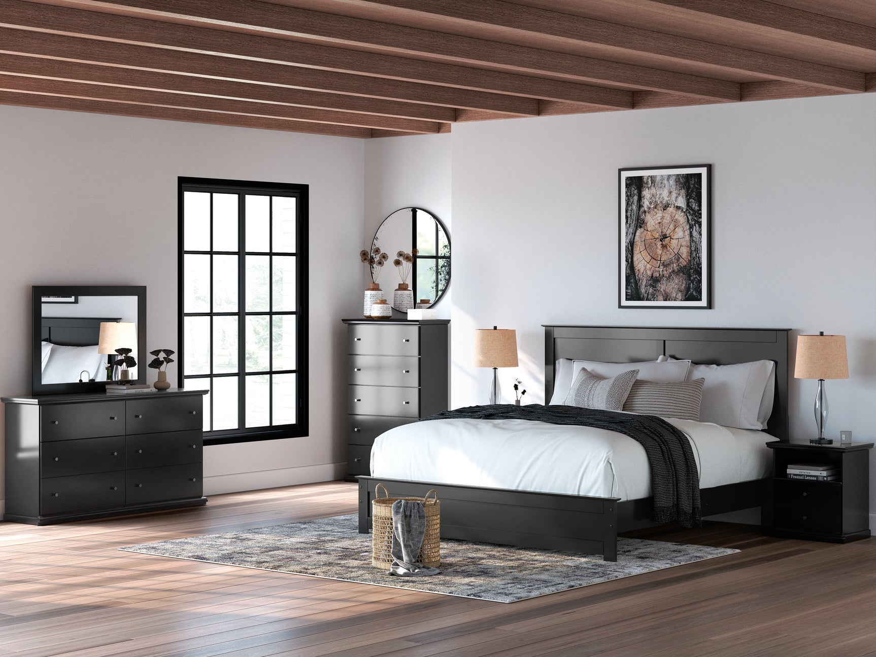 Maribel Black King Panel Bed, Dresser, Mirror, Chest and Nightstand - Ornate Home