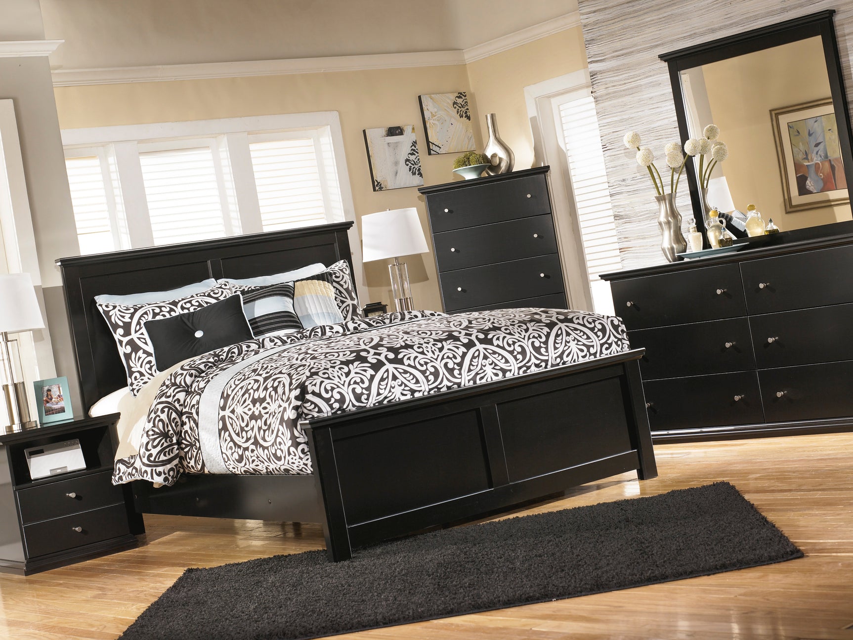Maribel Black King Panel Bed, Chest and Nightstand - Ornate Home
