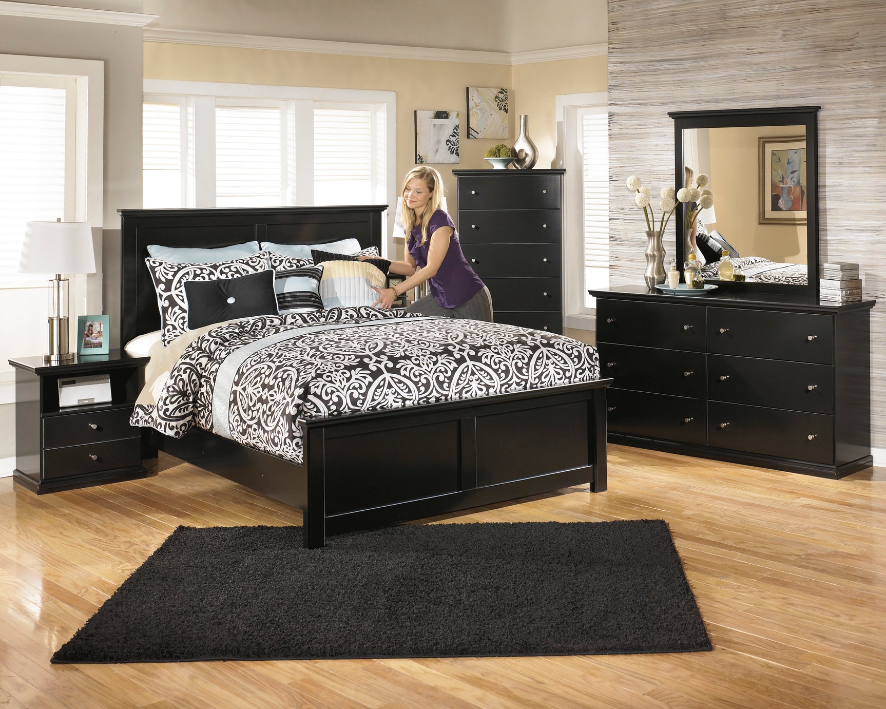 Maribel Black King Panel Bed, Chest and Nightstand - Ornate Home