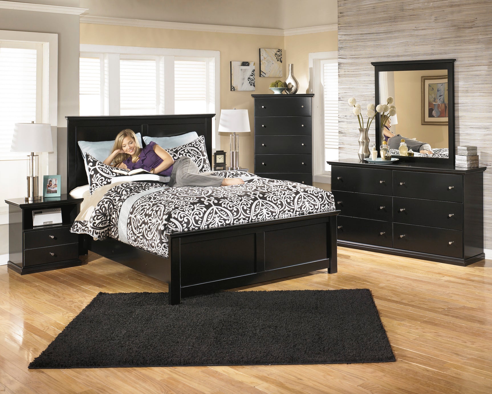Maribel Black King Panel Bed, Chest and Nightstand - Ornate Home