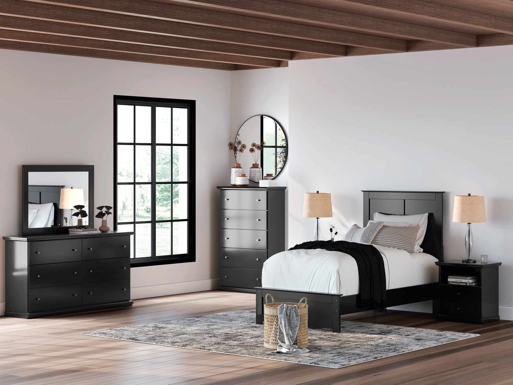 Maribel Black Twin Panel Bed, Dresser, Mirror, Chest and 2 Nightstands - Ornate Home