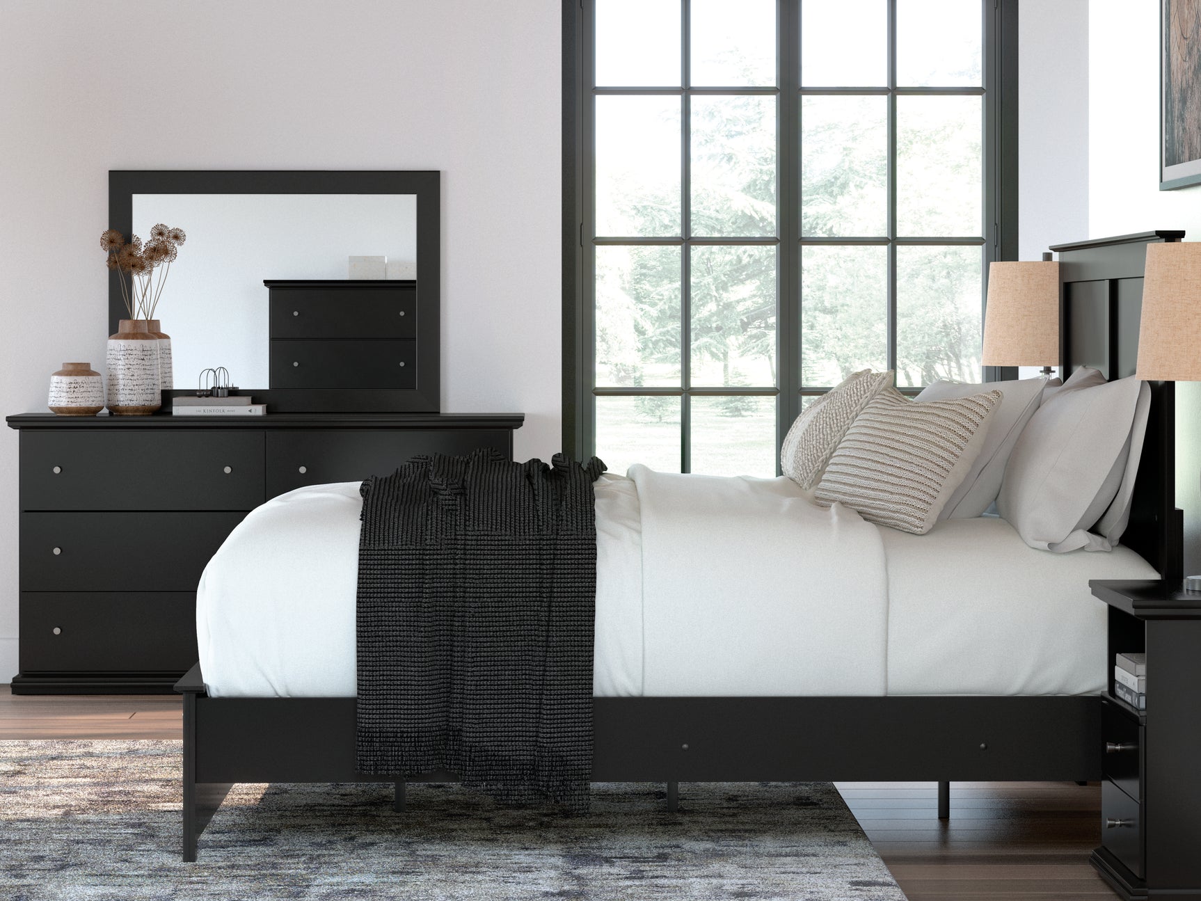 Maribel Black Twin Panel Bed, Dresser, Mirror and Nightstand - Ornate Home