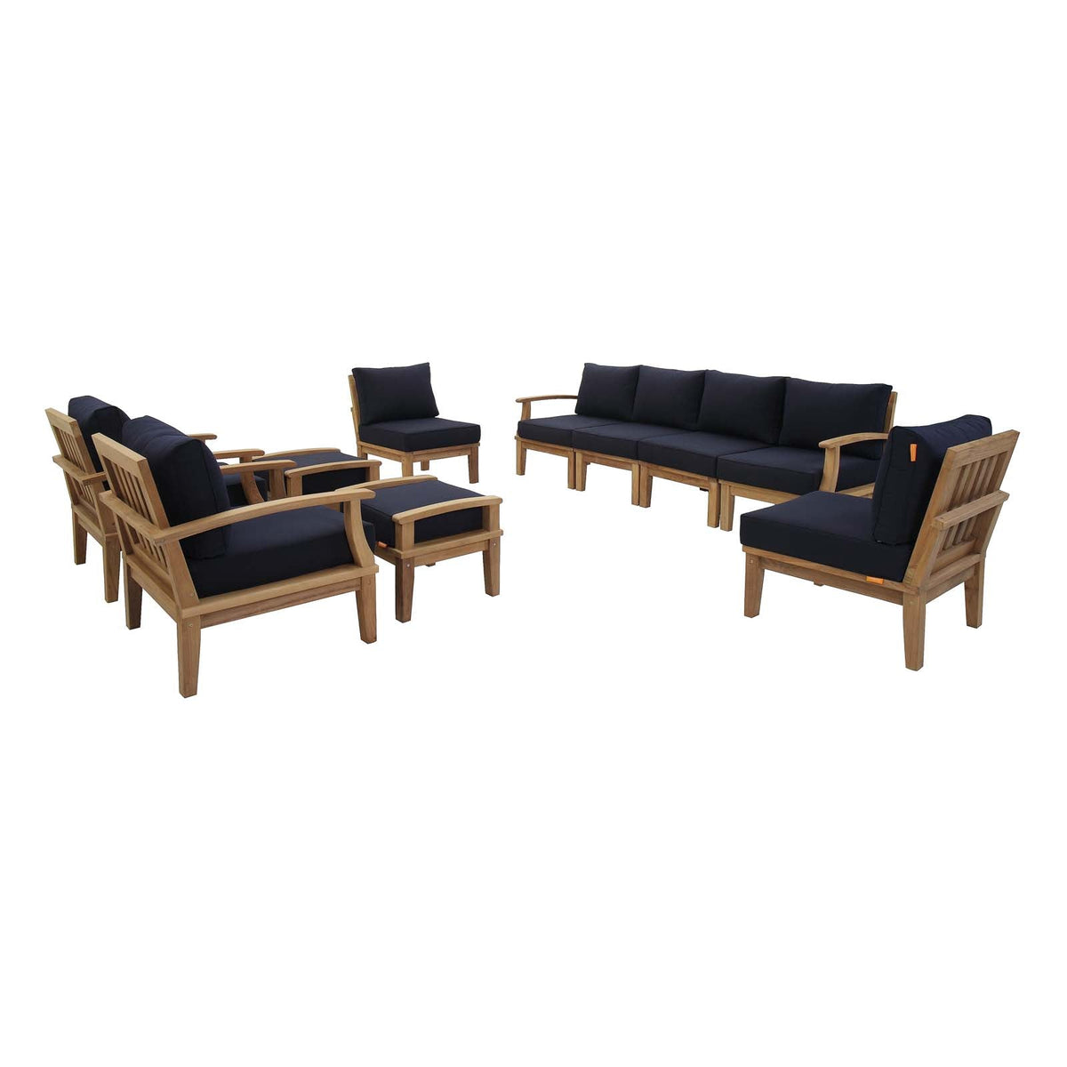 Marina Natural/Navy 10 Piece Outdoor Patio Teak Set - 193x118" - Ornate Home