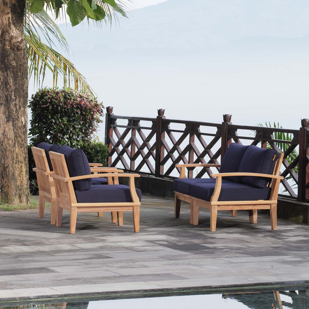 Marina Natural/Navy 4 Piece Outdoor Patio Teak Set - 65x86.5" - Ornate Home