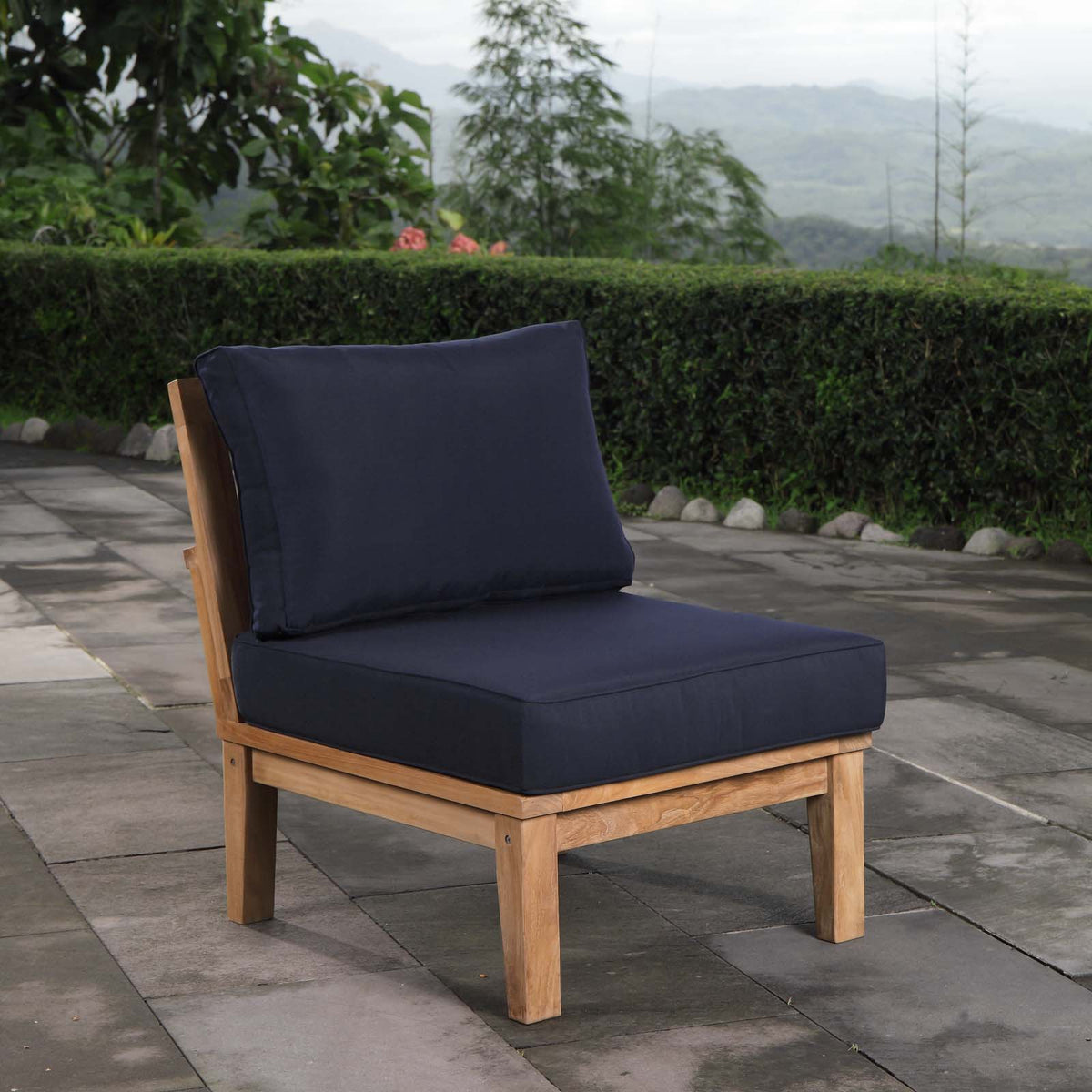 Marina Natural/Navy Armless Outdoor Patio Teak Sofa - Ornate Home