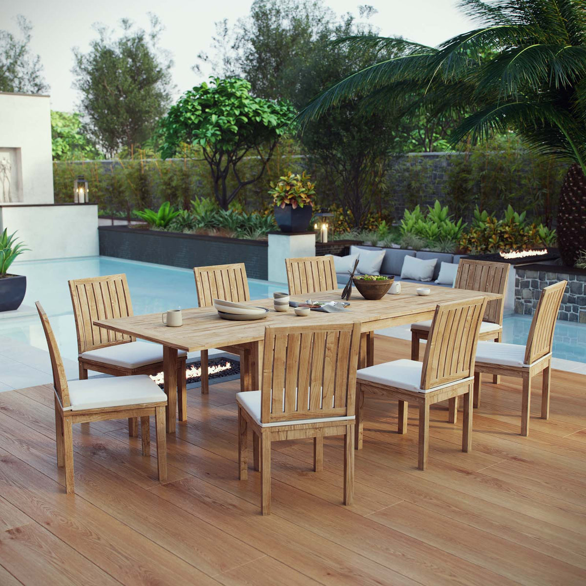 Marina Natural/White 9 Piece Outdoor Patio Teak Dining Set - 108.5x146.5" - Ornate Home