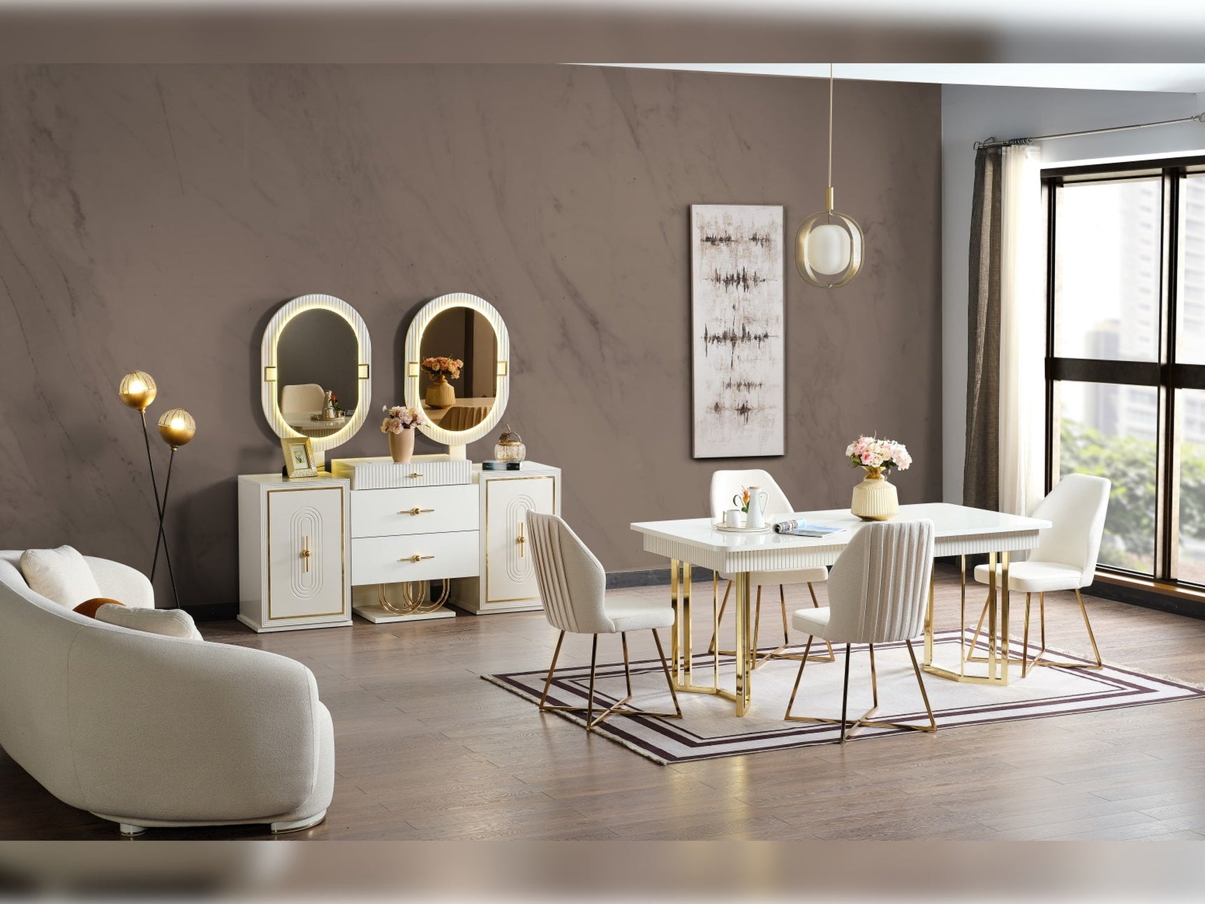 Marsel Cream Dining Room Set (Consol With Mirror & Dining Table & 6 Dining Chair)
