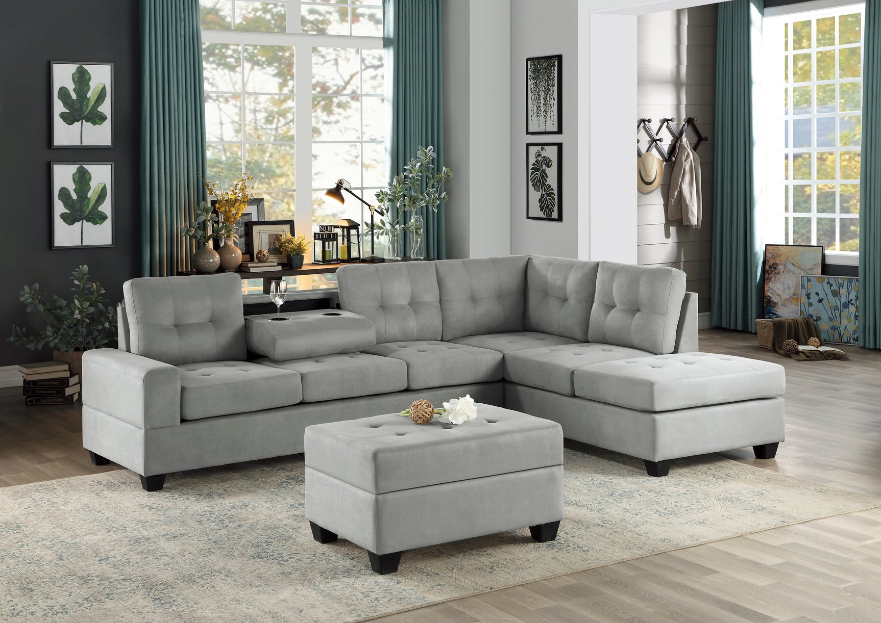 Maston Gray 3-Piece Reversible Sectionals & Storage Ottoman - Ornate Home