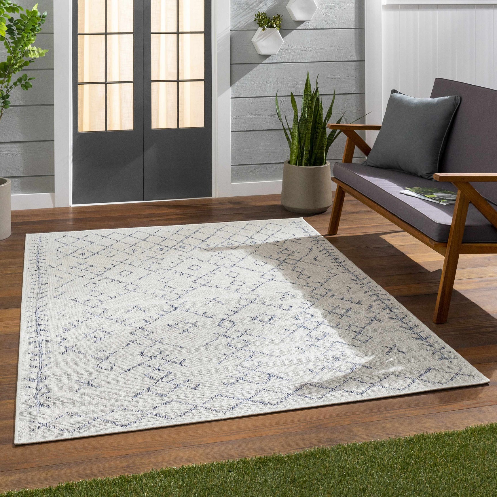 Maunawili Blue Detailed Gray Outdoor Rug - Clearance - Ornate Home