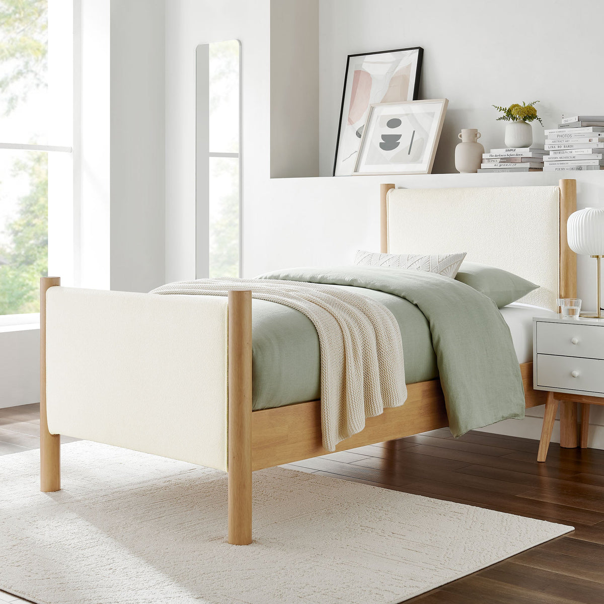 Maven Feather Oak Twin Size Boucle Upholstered Platform Bed - Ornate Home