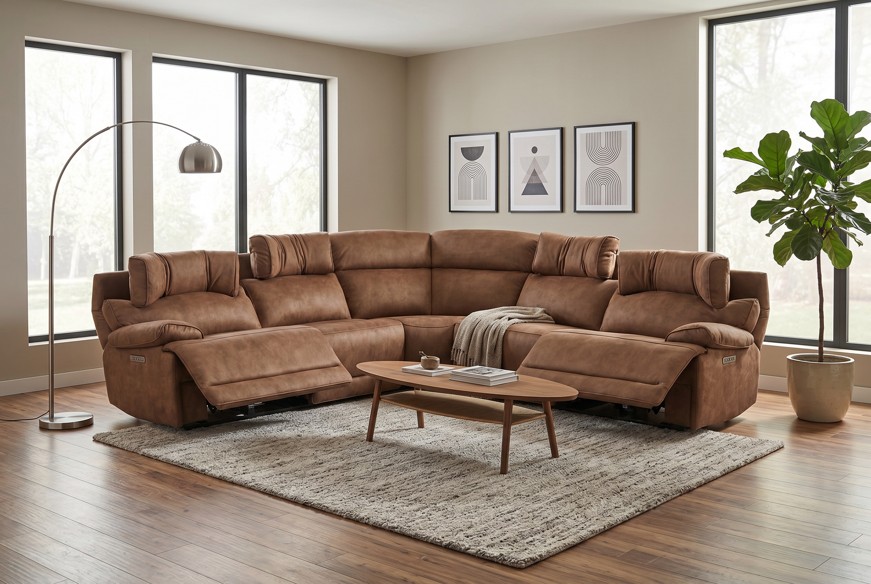 MaxView Media Mocha 6-Piece Power Reclining Sectional with Immersive Sound System - Ornate Home