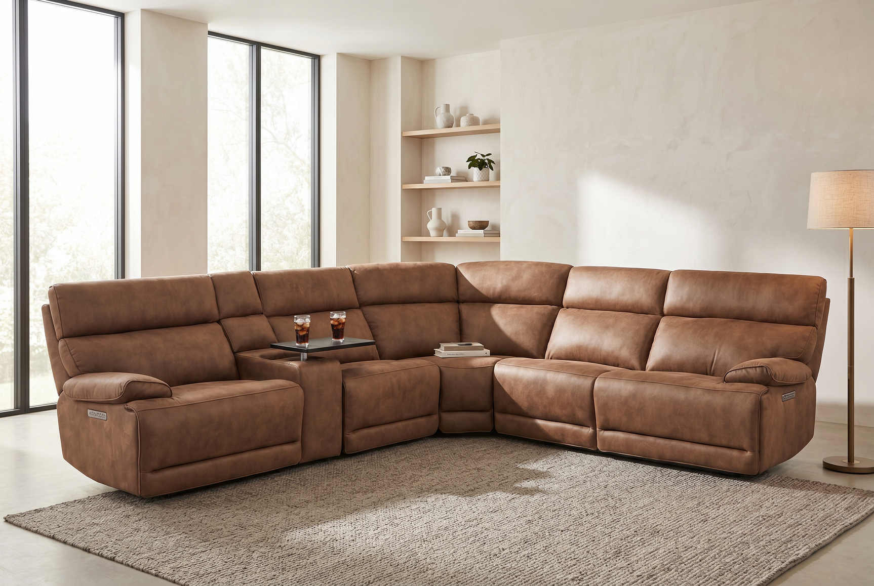 MaxView Media Mocha 6-Piece Power Reclining Sectional with Immersive Sound System - Ornate Home