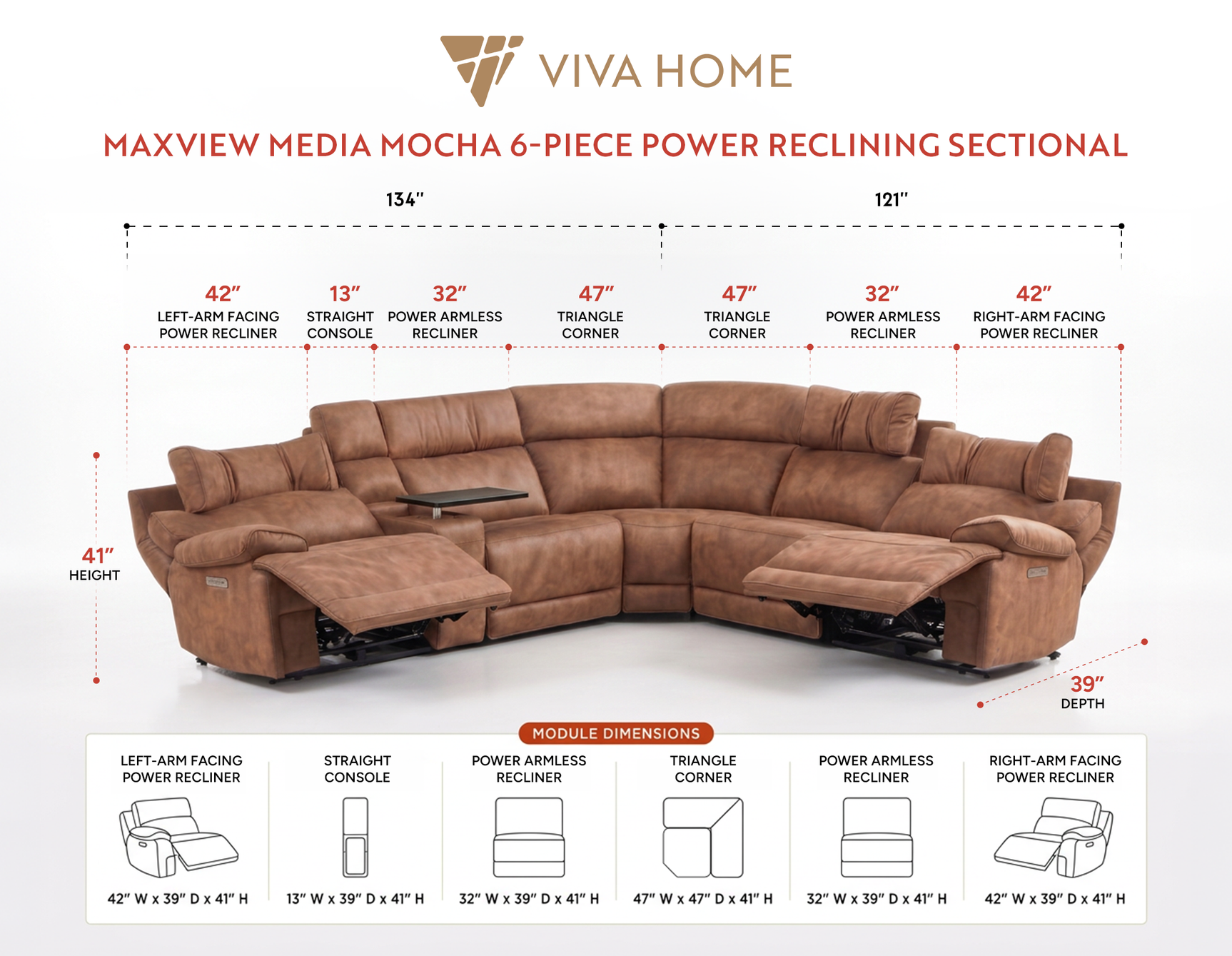 MaxView Media Mocha 6-Piece Power Reclining Sectional with Immersive Sound System - Ornate Home