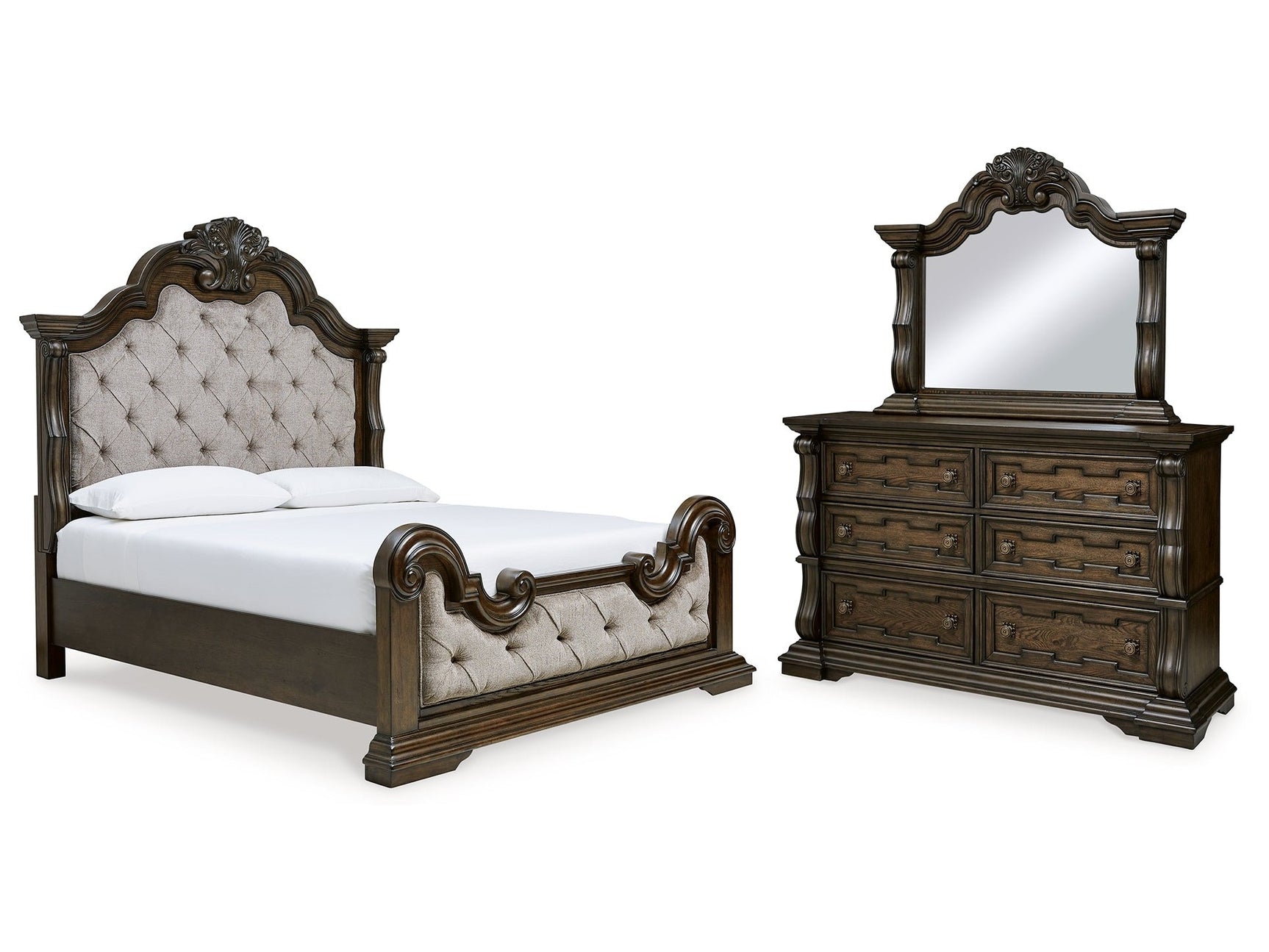 Maylee California King Upholstered Bedroom Set with Dresser and Mirror - Ornate Home