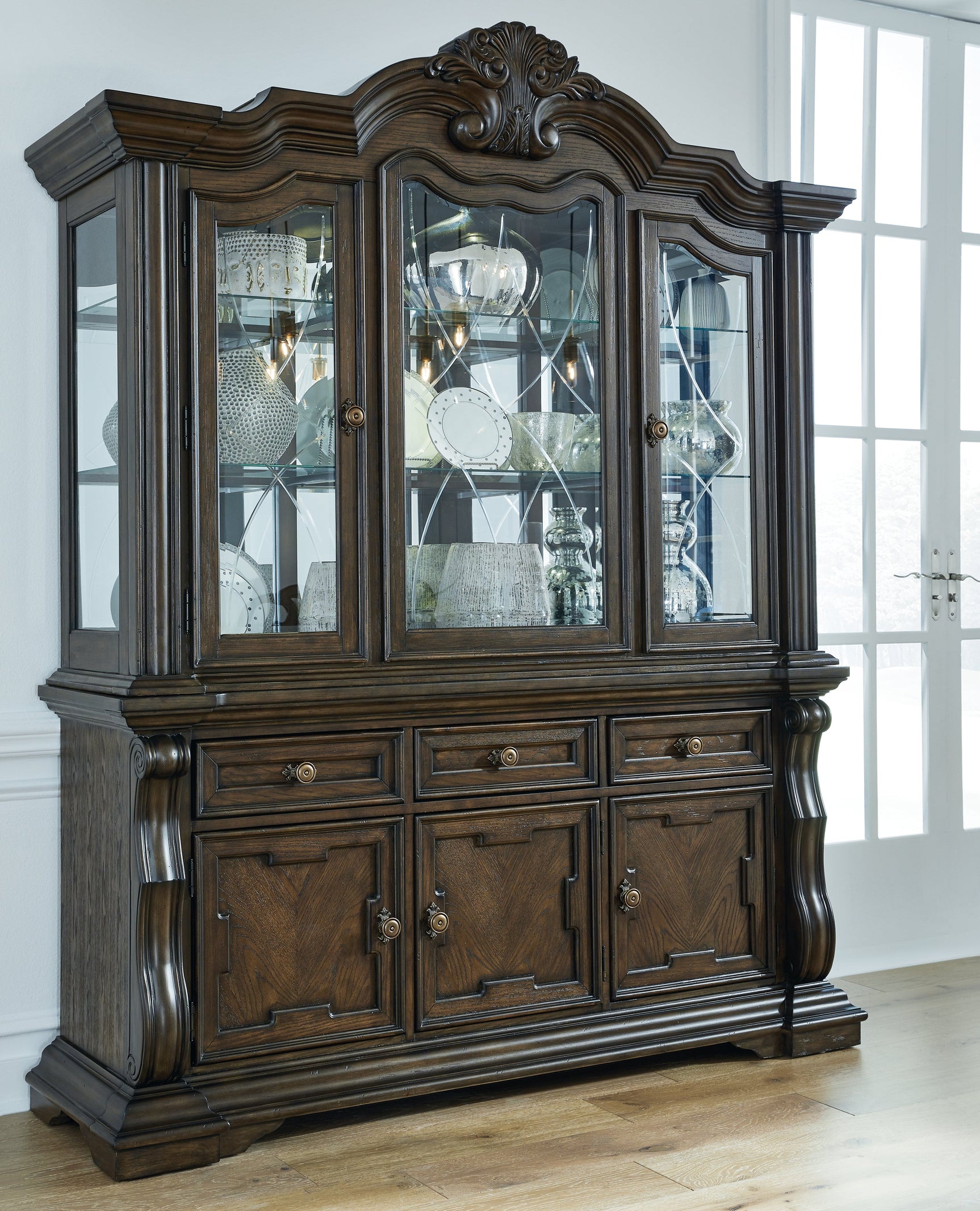 Maylee Dark Brown Dining Table with 6 Chairs and Buffet and Hutch (Online Special Price) - Ornate Home