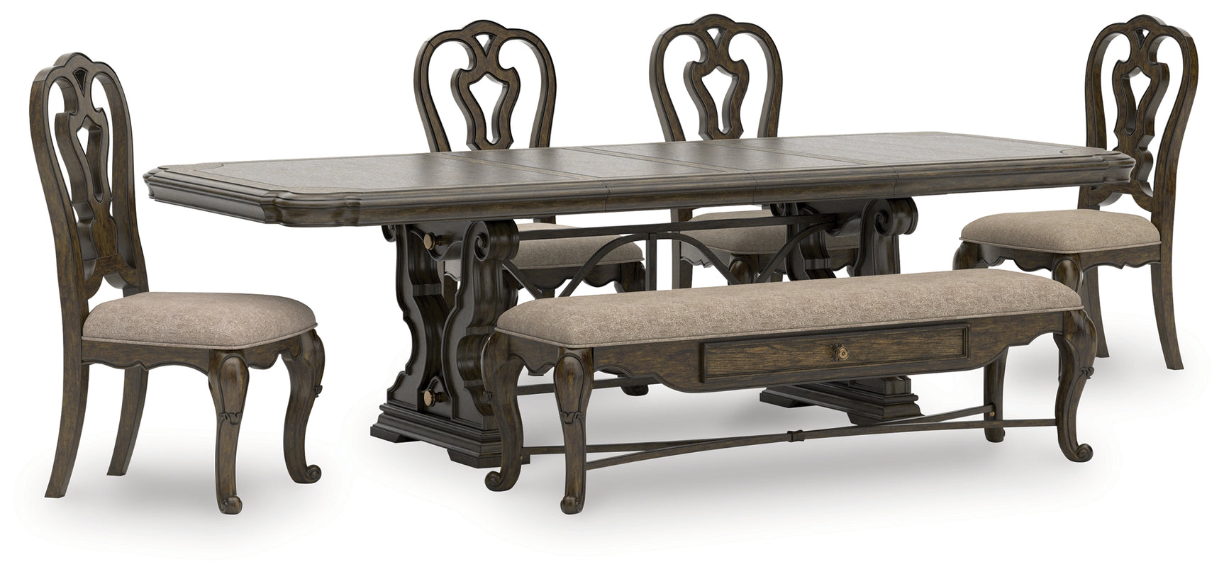 Maylee Dark Brown Extension Dining Table, 4 Chairs and Bench - Ornate Home