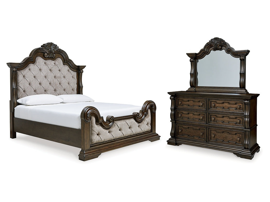 Maylee Dark Brown Queen Upholstered Bed & Dresser & Mirror (Online Special Price) - Ornate Home
