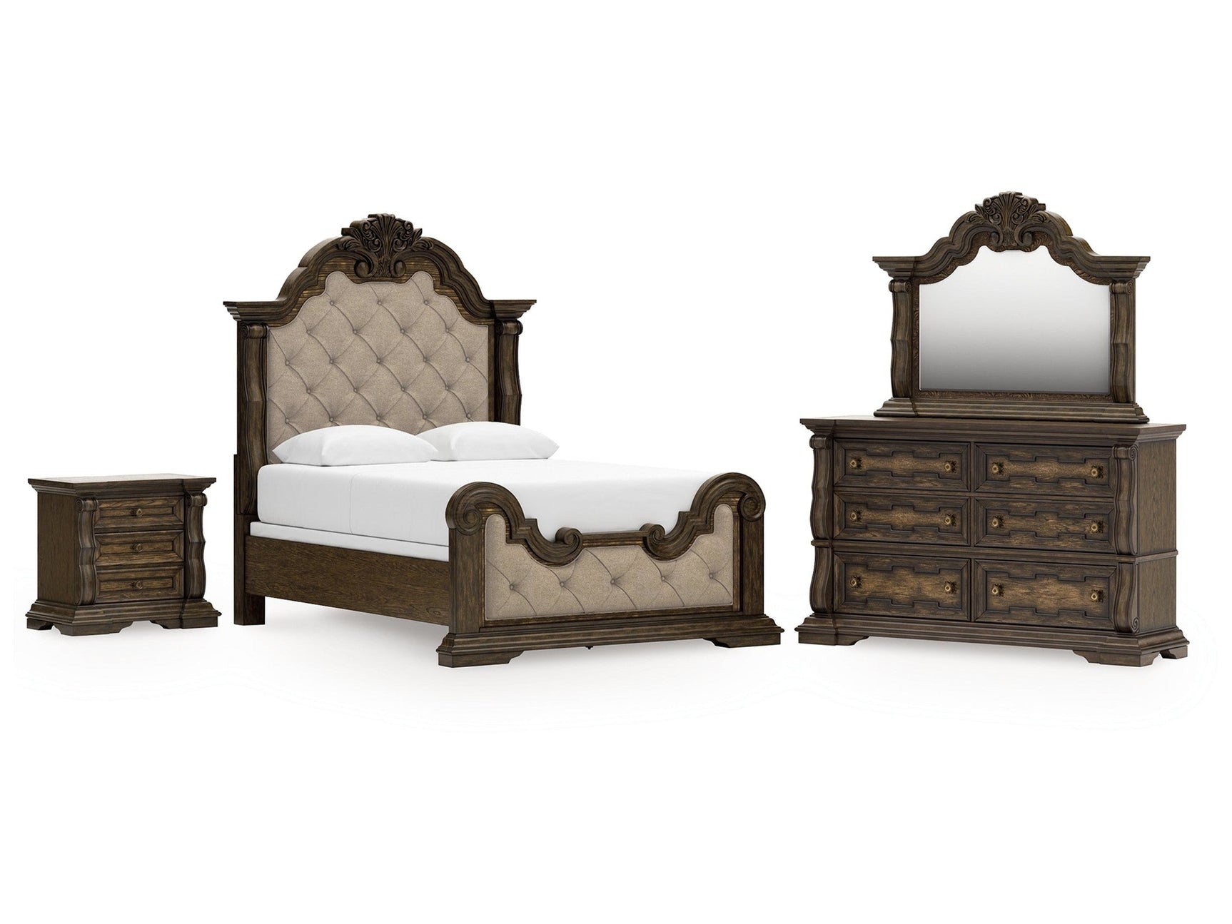 Maylee Dark Brown Queen Upholstered Panel Bedroom Set with Dresser, Mirror and Nightstand (Online Special Price) - Ornate Home