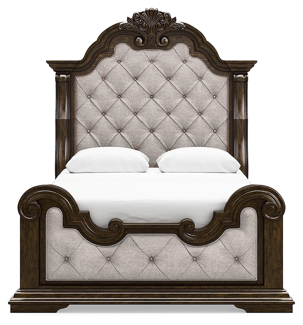 Maylee Dark Brown Queen Upholstered Panel Bedroom Set with Dresser, Mirror and Nightstand (Online Special Price) - Ornate Home