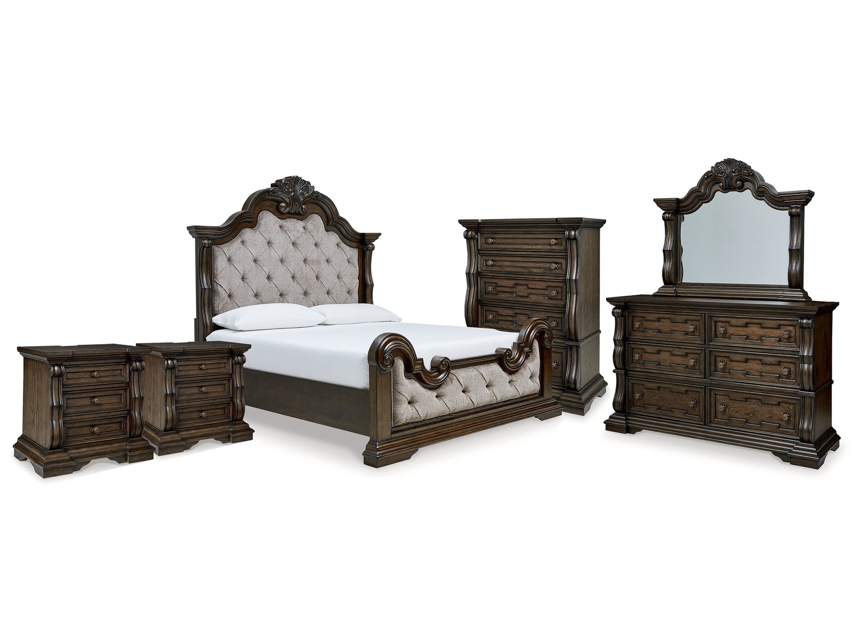 Maylee King Upholstered Bed & Dresser & Mirror & Chest & 2 Nightstands - Ornate Home