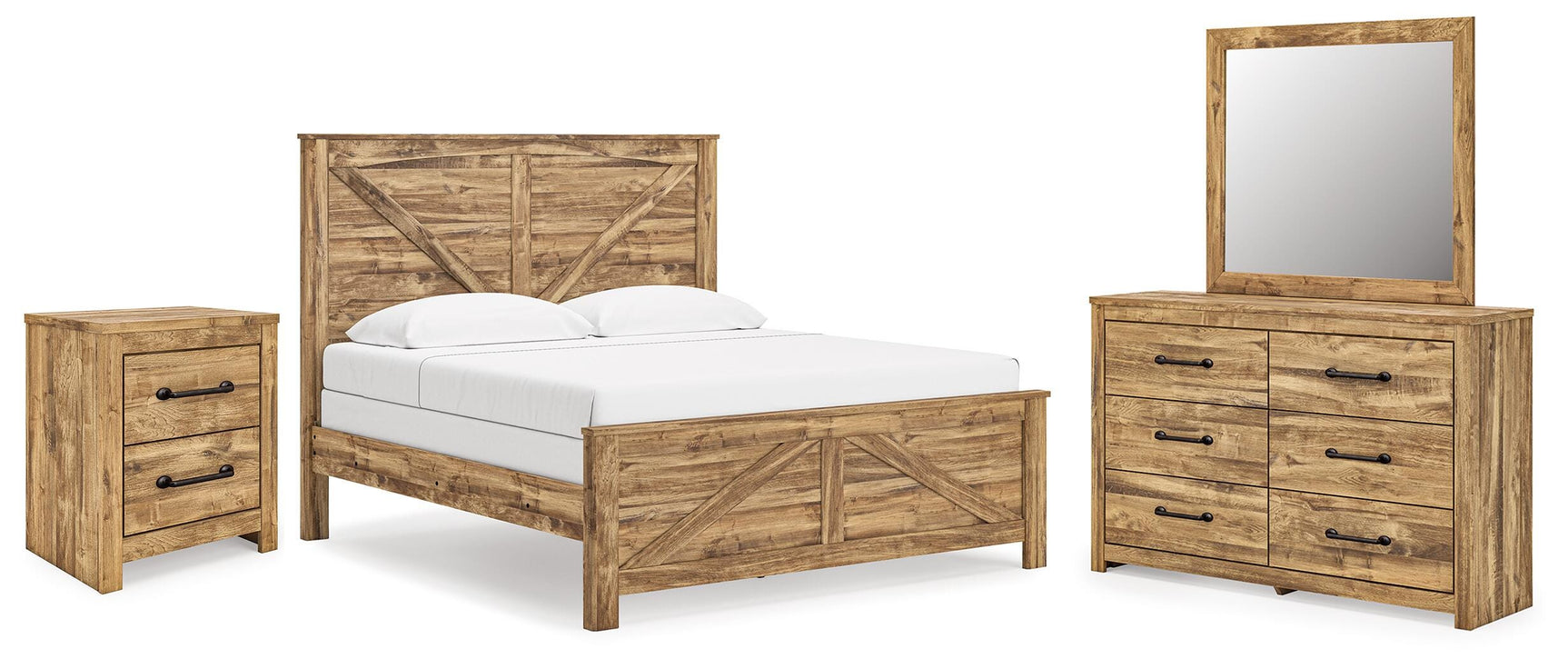 Maystonna Brown King Crossbuck Panel Bed, Dresser, Mirror and Nightstand - Ornate Home