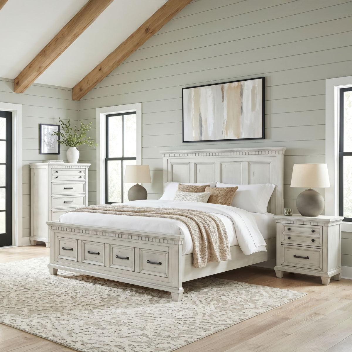 McCoy Antique White 4-Piece Queen Storage Bedroom Set with 2 Nightstands & Chest - Ornate Home