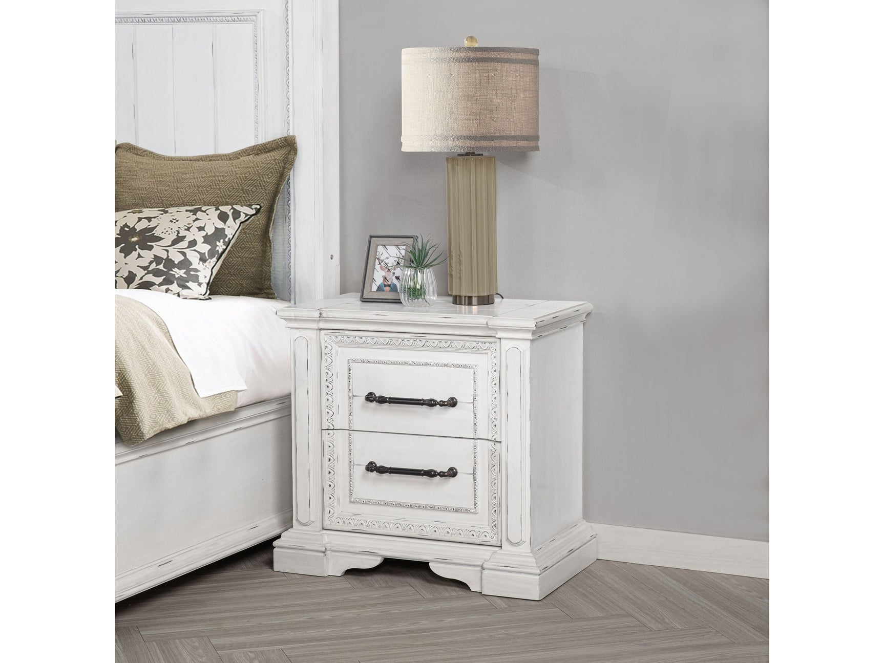 McKinney Vintage White 2-drawer Nightstand with Dual USB - Ornate Home