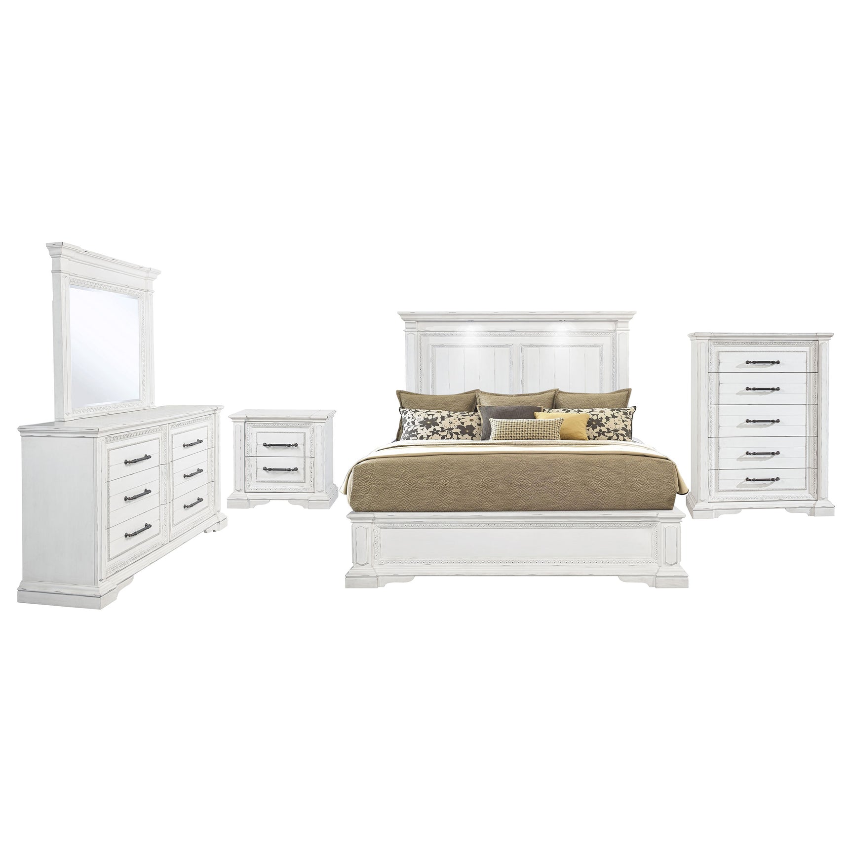 McKinney Vintage White 5-piece Eastern King Bedroom Set - Ornate Home