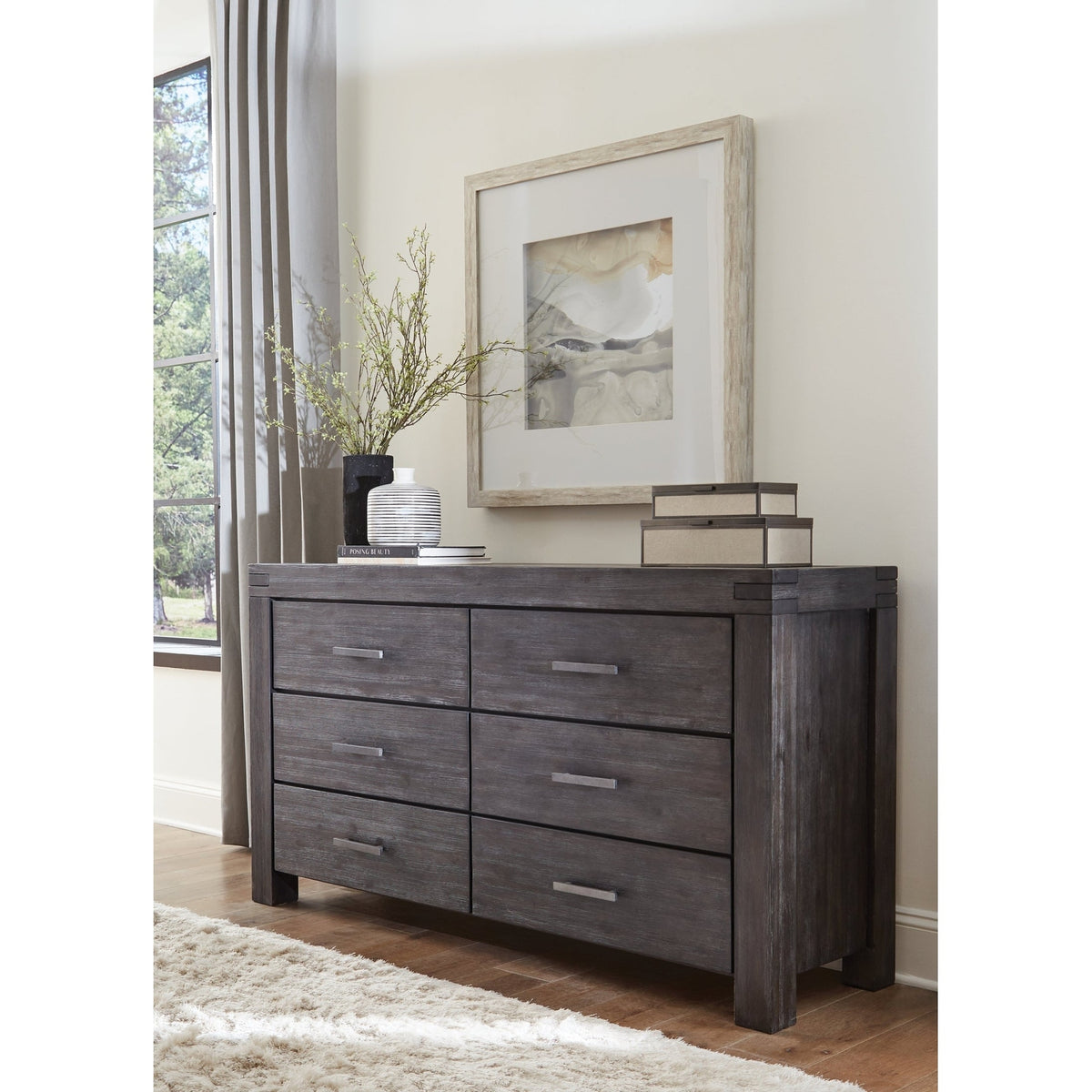 Modus Furniture Meadow Six Drawer Solid Wood Dresser in Graphite | Ornate Home Modus Furniture Meadow Six Drawer Solid Wood Dresser in Graphite | Ornate Home