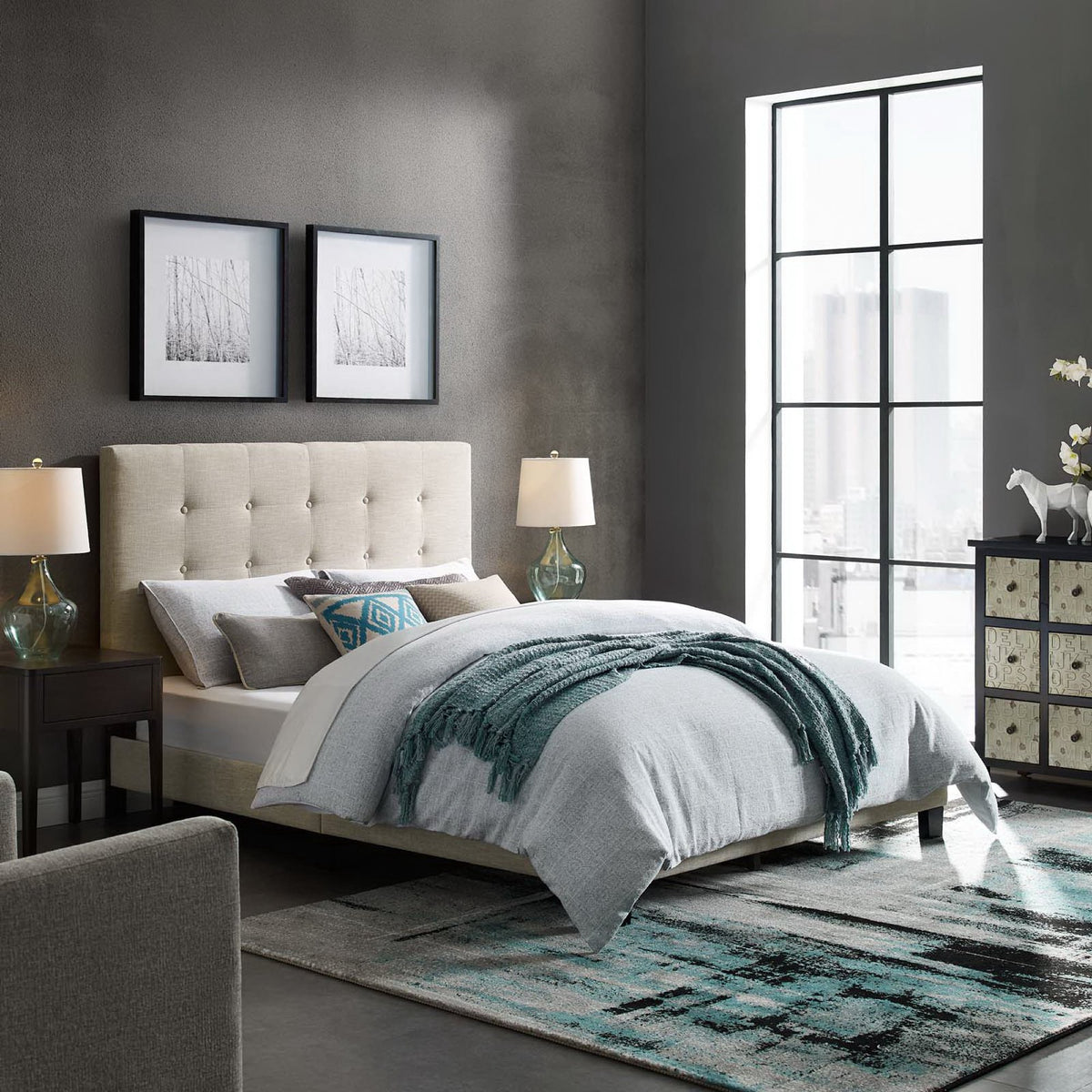 Melanie Beige Tufted Button Upholstered Fabric Queen Platform Bed - Ornate Home