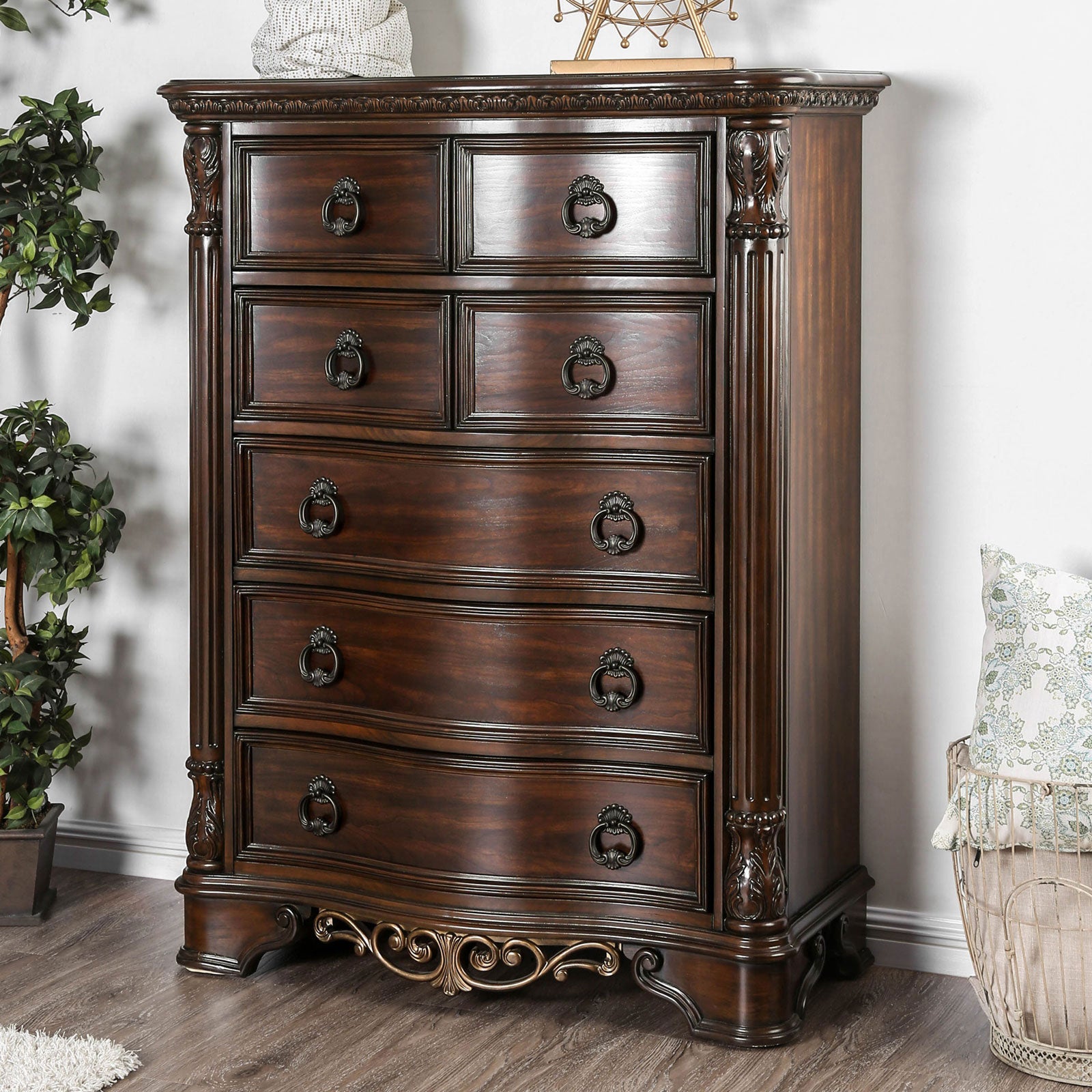 Menodora Brown Cherry 5 Pc. Queen Bedroom Set w/ Chest - Ornate Home