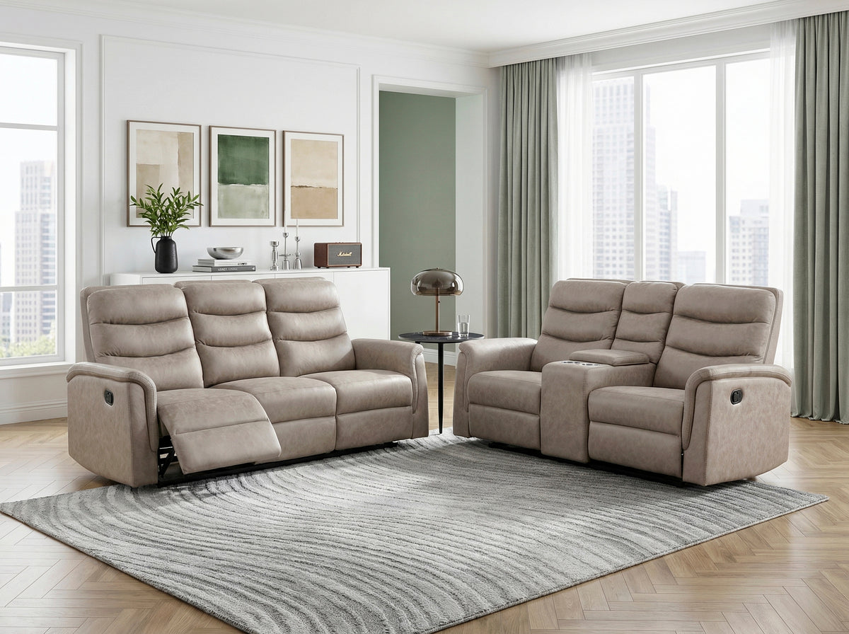 Metric Beige Double Reclining Sofa With Drop-down Cup Holders - Ornate Home