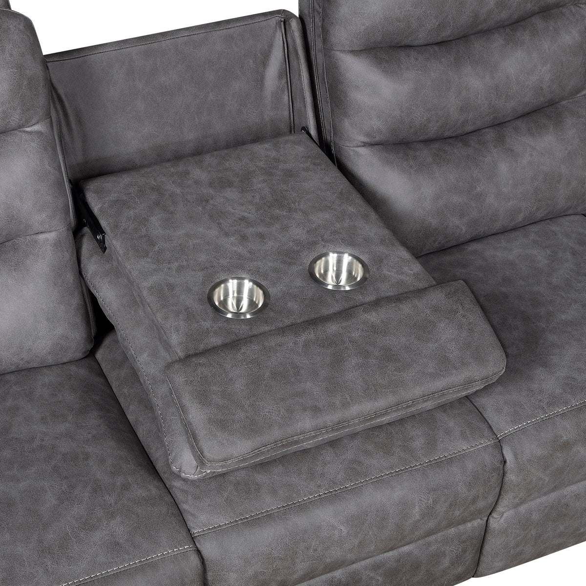 Metric Gray Double Reclining Sofa With Drop-down Cup Holders - Ornate Home
