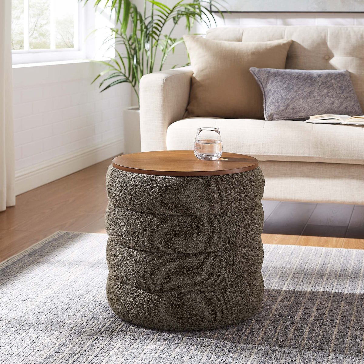 Mezzo Pebble Round Boucle Fabric Storage Ottoman - Ornate Home
